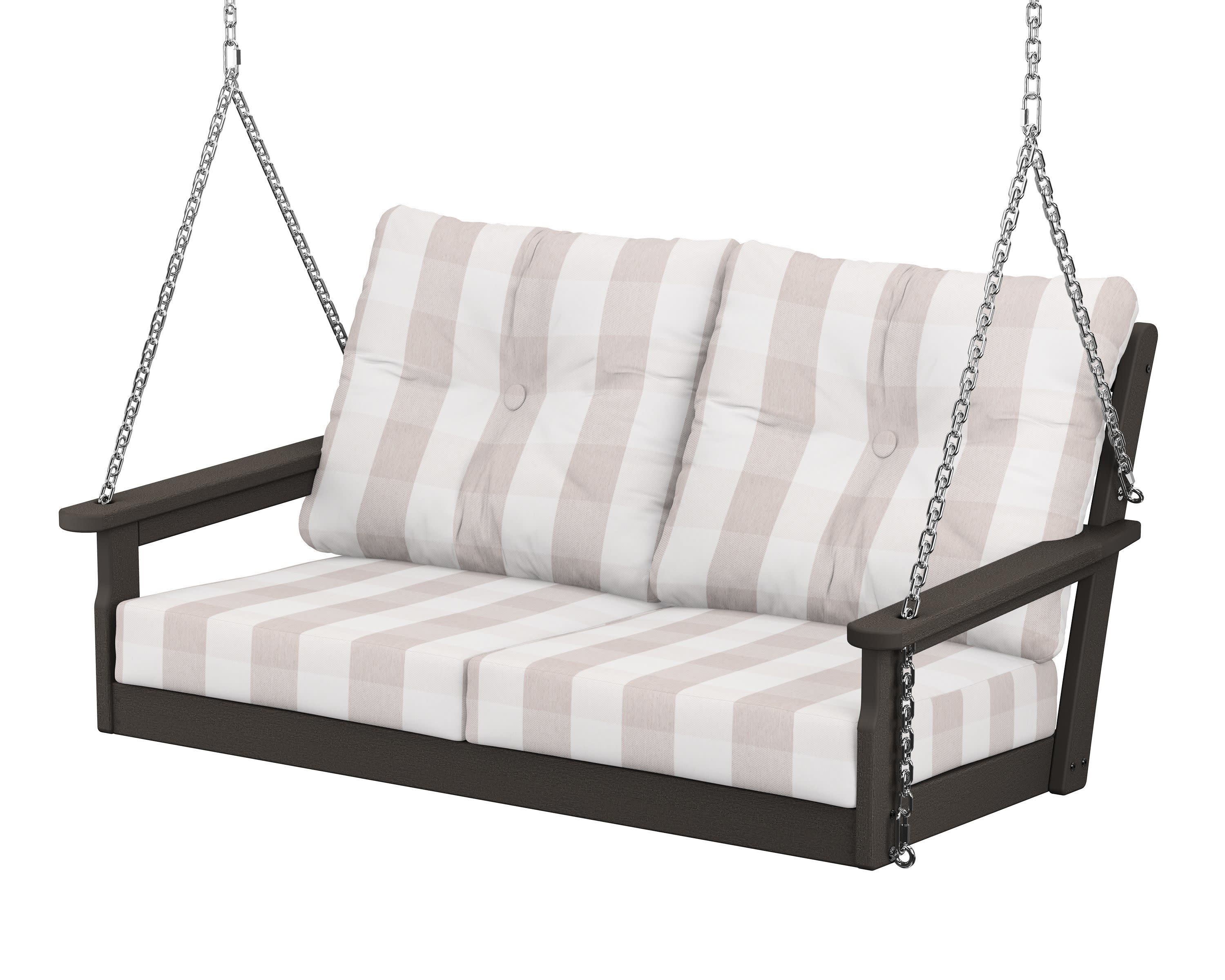 Vineyard Deep Seating Swing in Vintage Coffee / Buffalo Plaid Dune Burlap