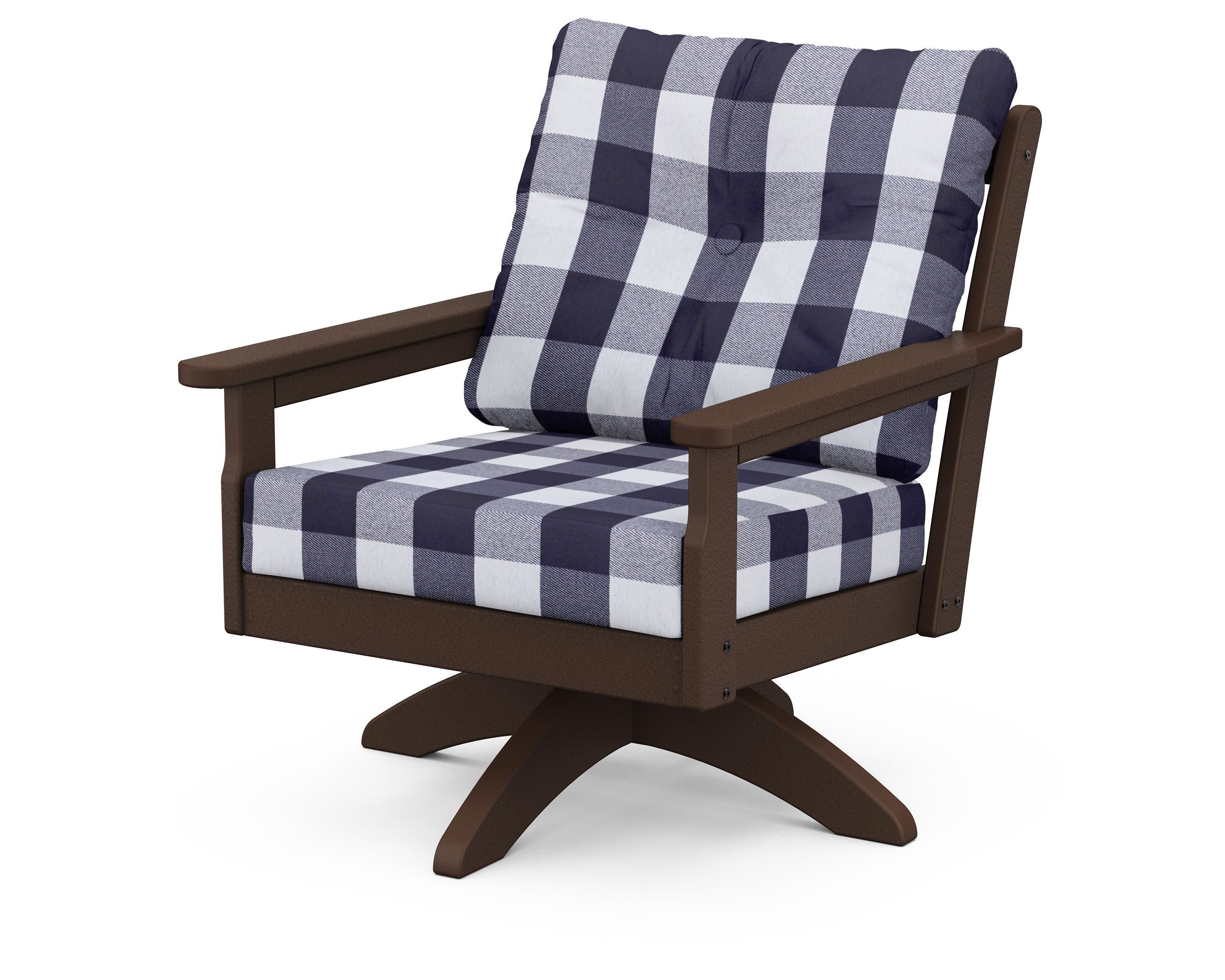 Vineyard Deep Seating Swivel Chair in Mahogany / Buffalo Plaid Navy