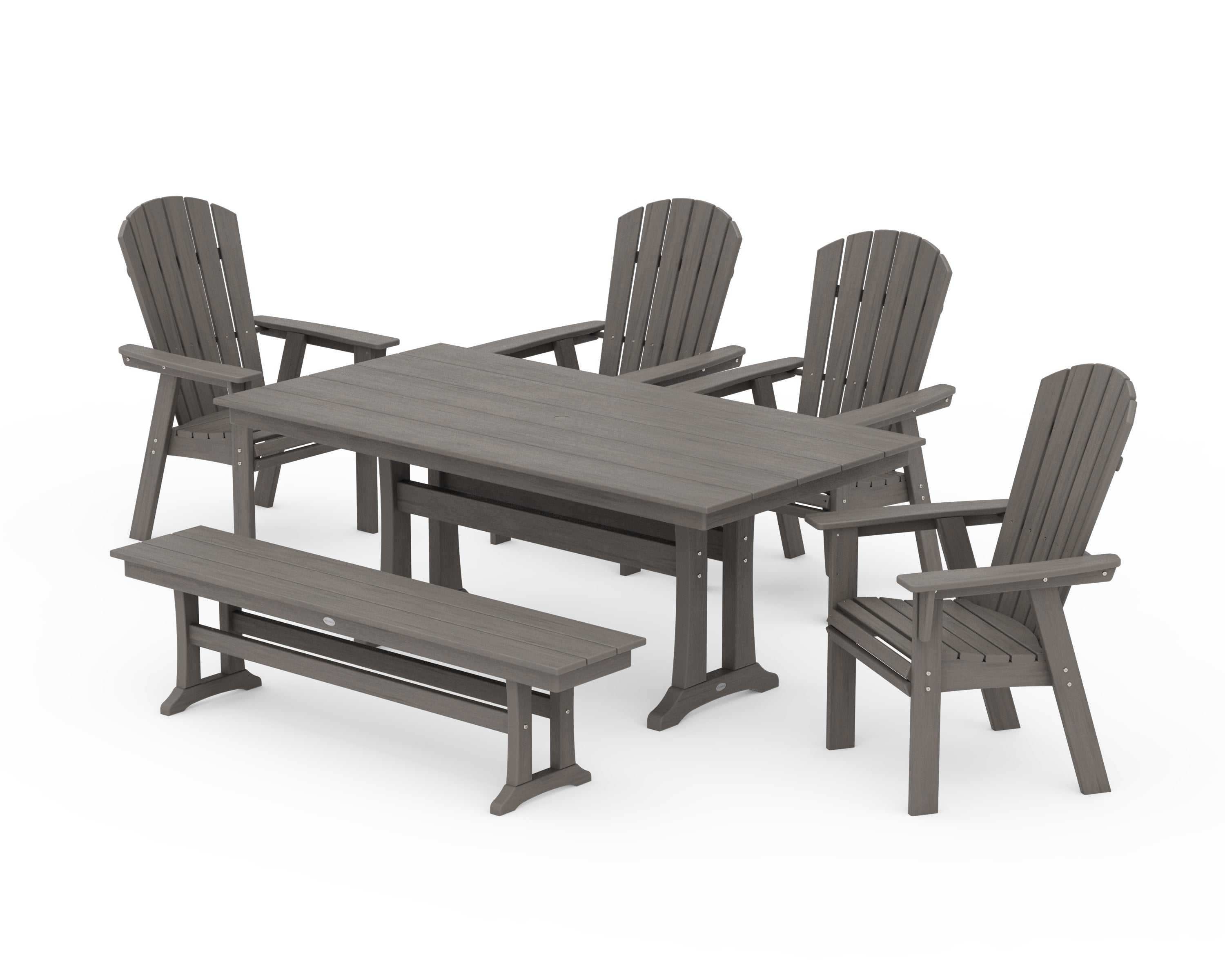 Nautical Curveback Adirondack 6-Piece Farmhouse Dining Set with Trestle Legs and Bench in Driftwood