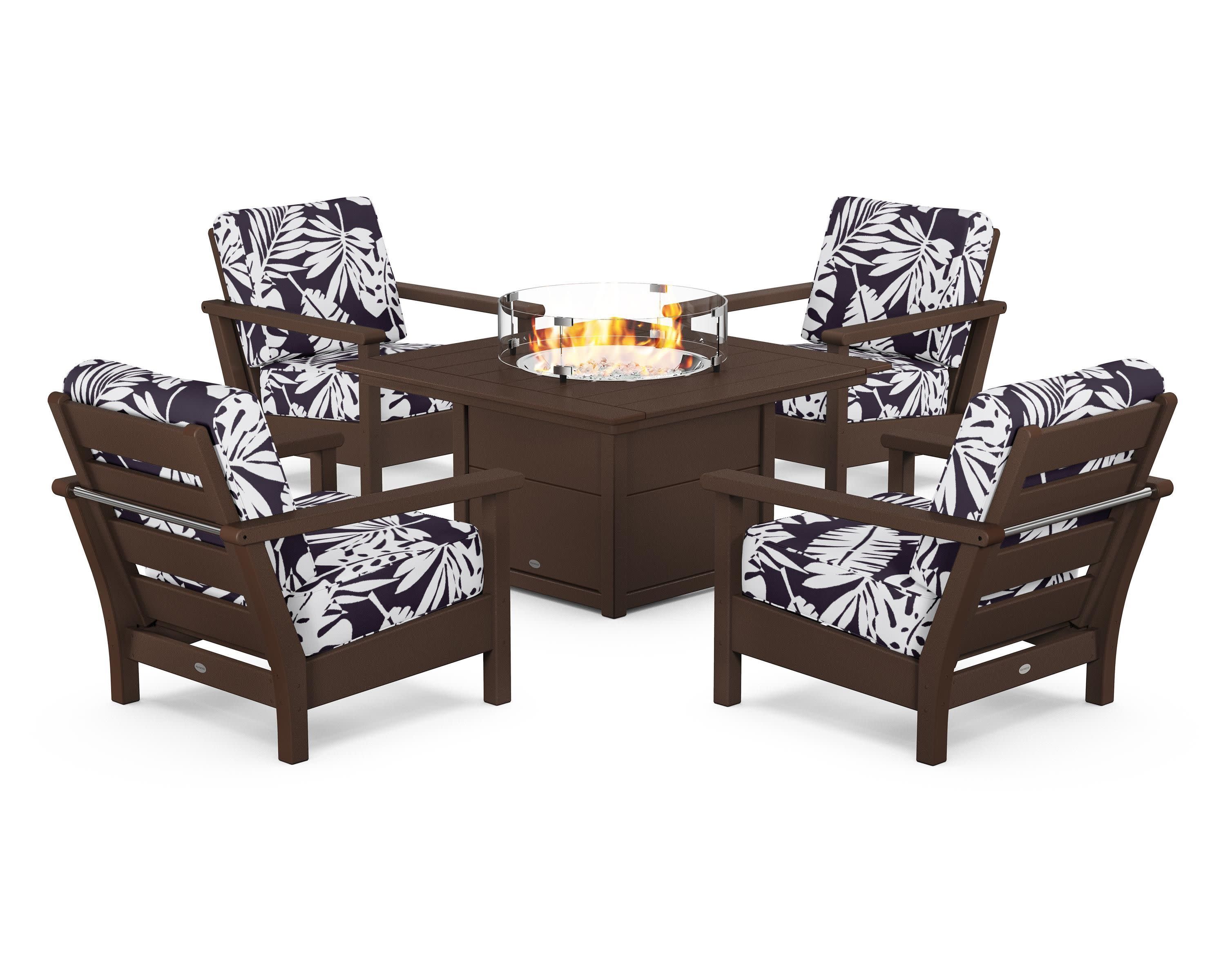Harbour 5-Piece Conversation Set with Fire Pit Table in Mahogany / Leaf Navy