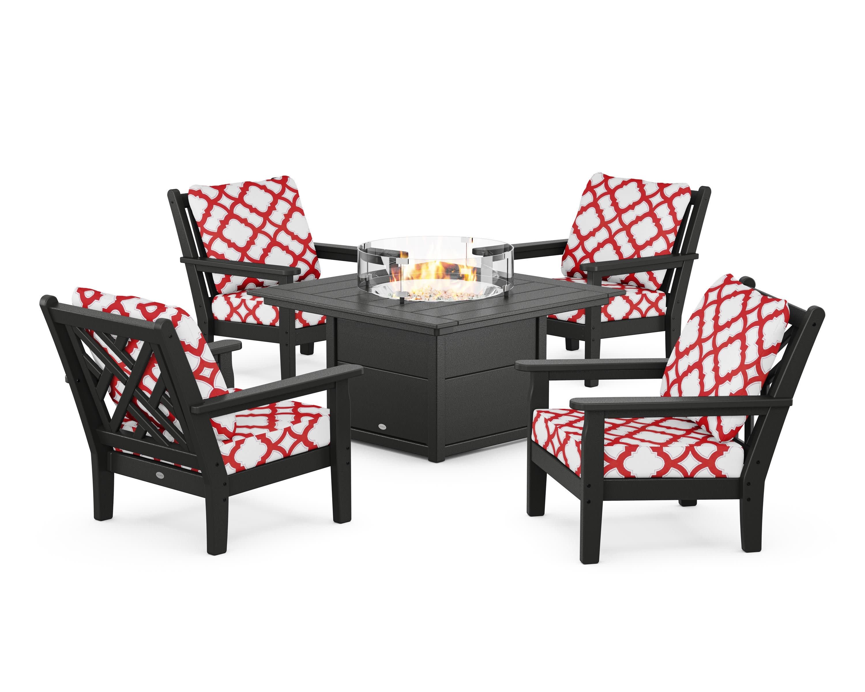 Chippendale 5-Piece Deep Seating Set with Fire Pit Table in Black / Trellis Crimson