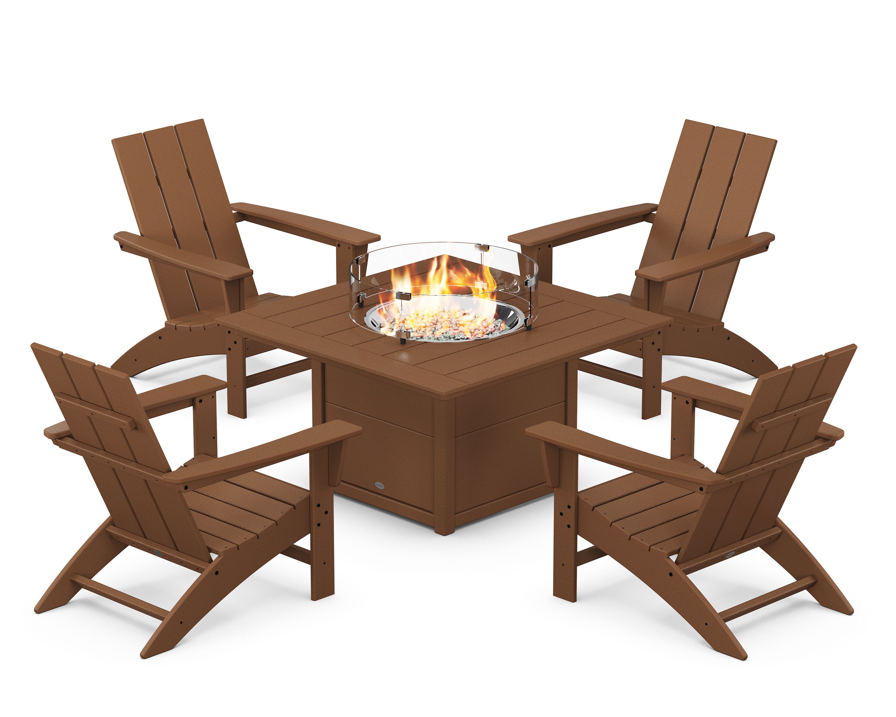 Modern 5-Piece Adirondack Chair Conversation Set with Fire Pit Table in Teak