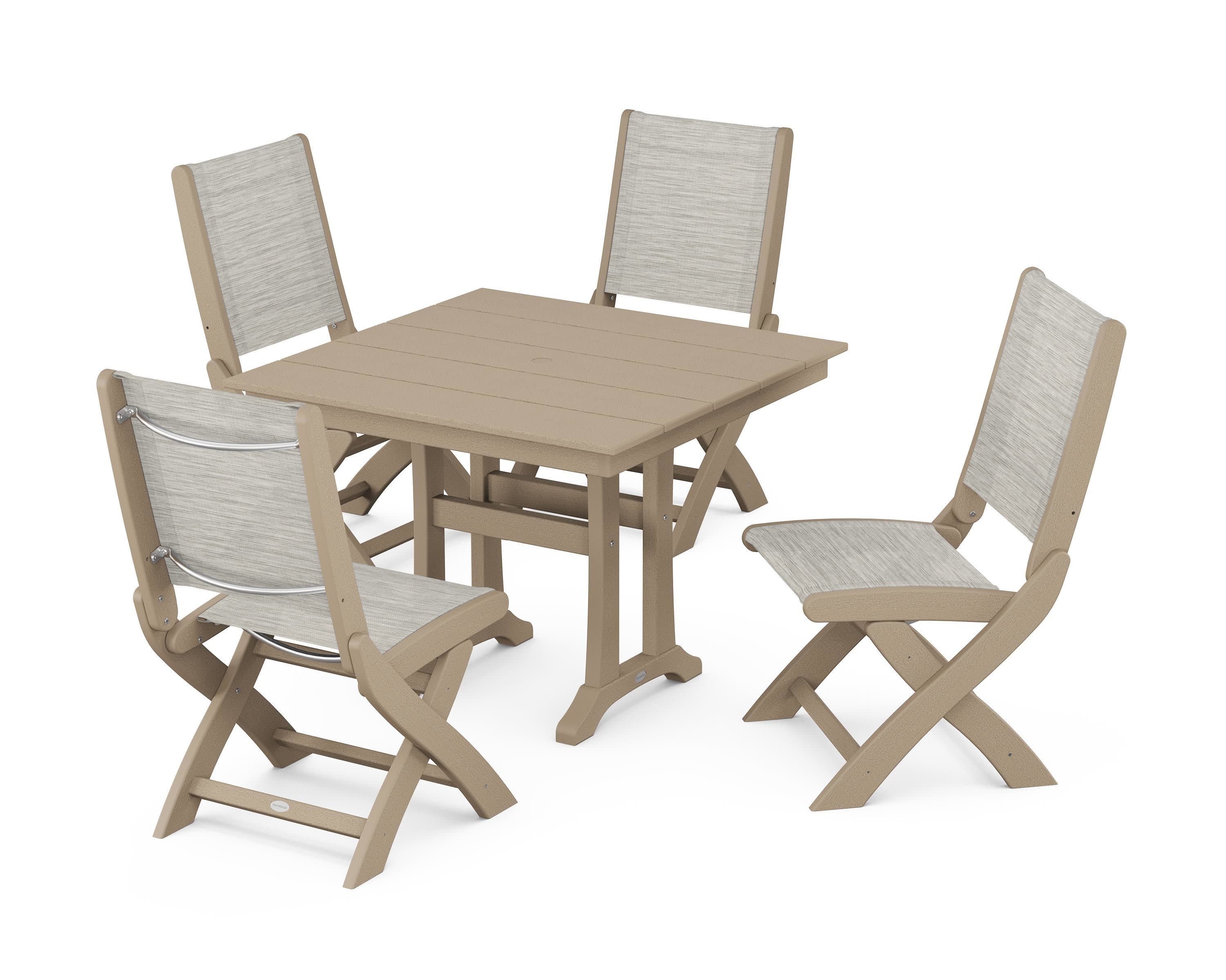 Coastal Folding Side Chair 5-Piece Farmhouse Dining Set With Trestle Legs in Vintage Sahara / Birch Sling