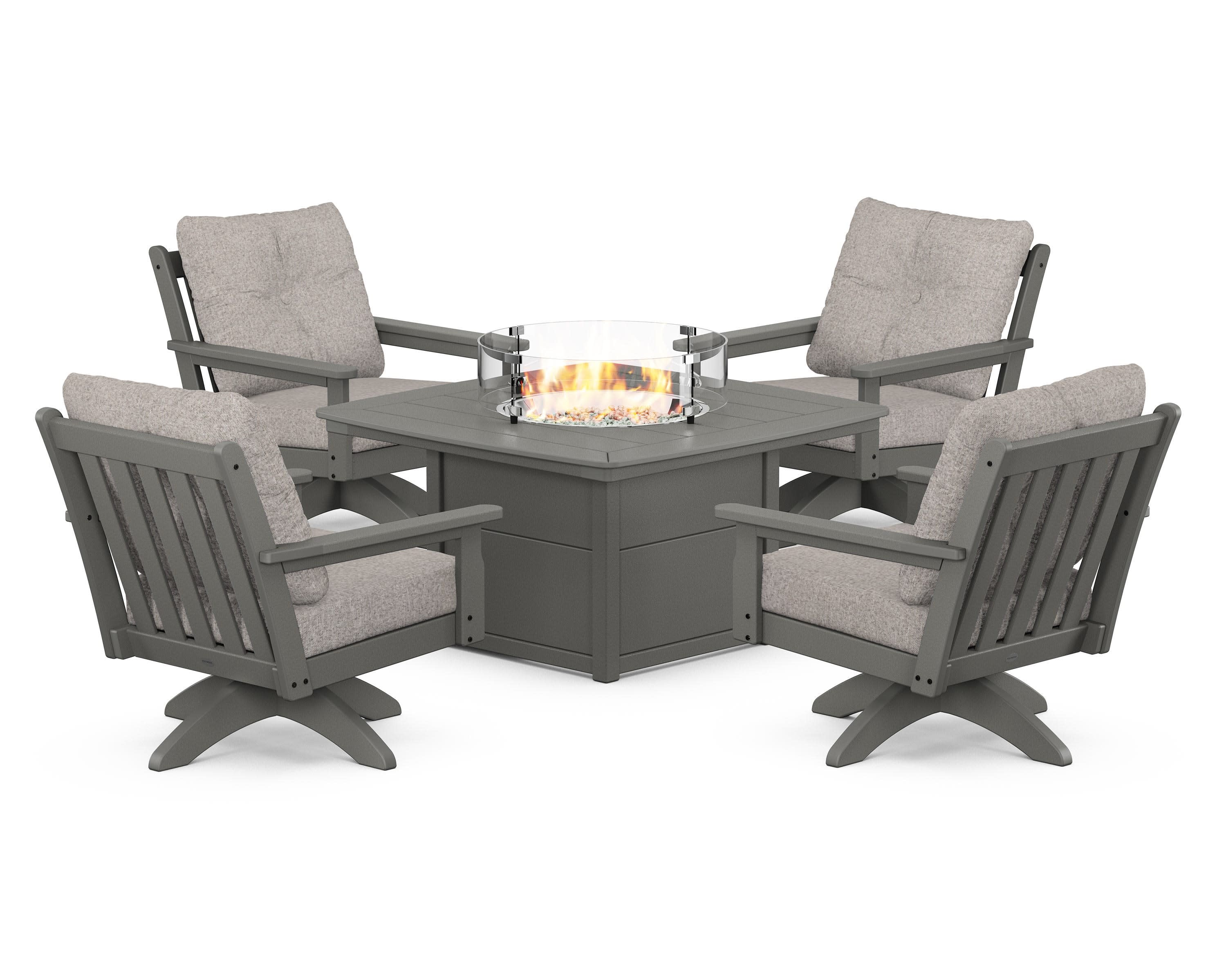 Vineyard 5-Piece Deep Seating Swivel Conversation Set with Fire Pit Table in Slate Grey / Weathered Tweed