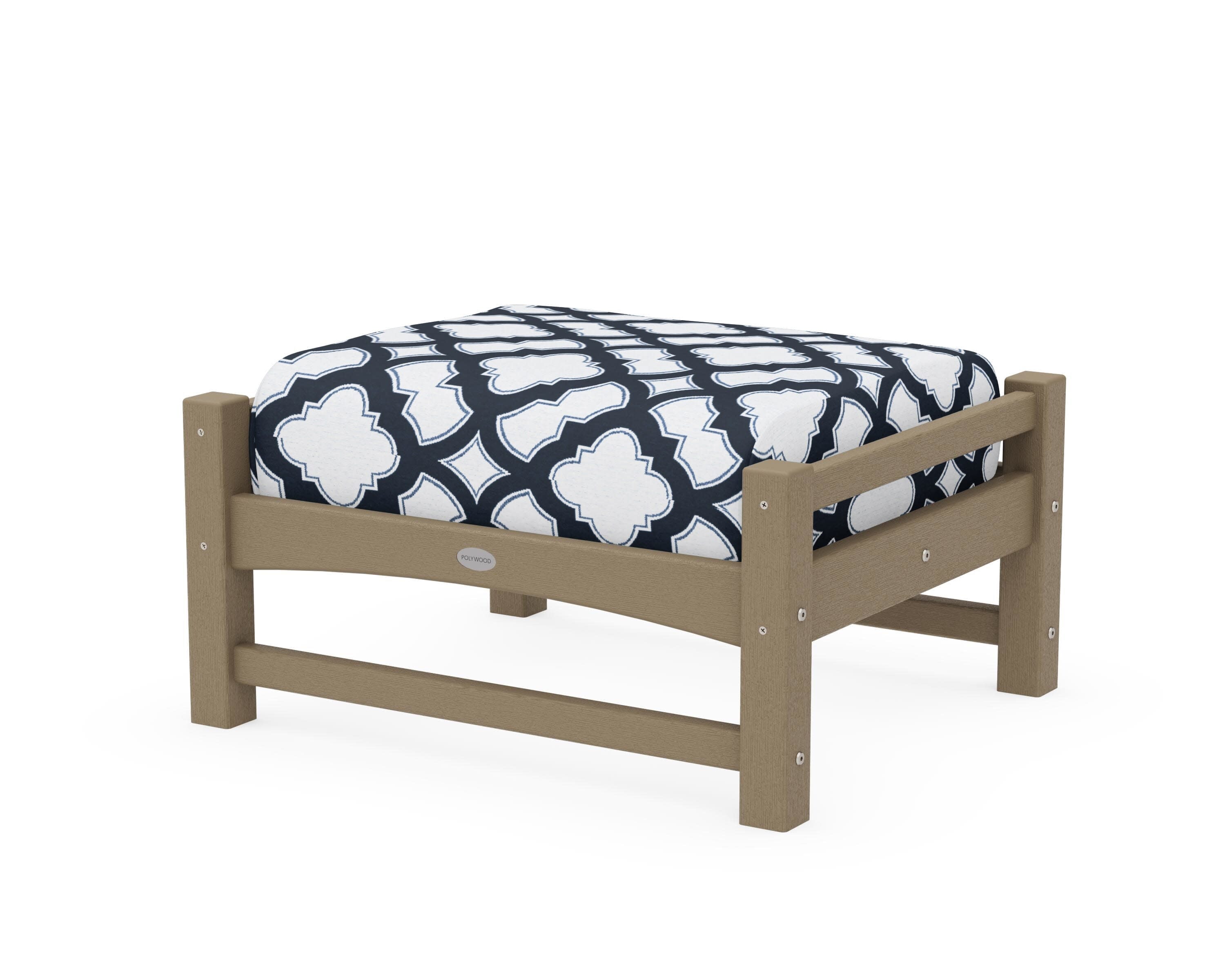 Club Ottoman in Vintage Sahara / Trellis Marine Indigo