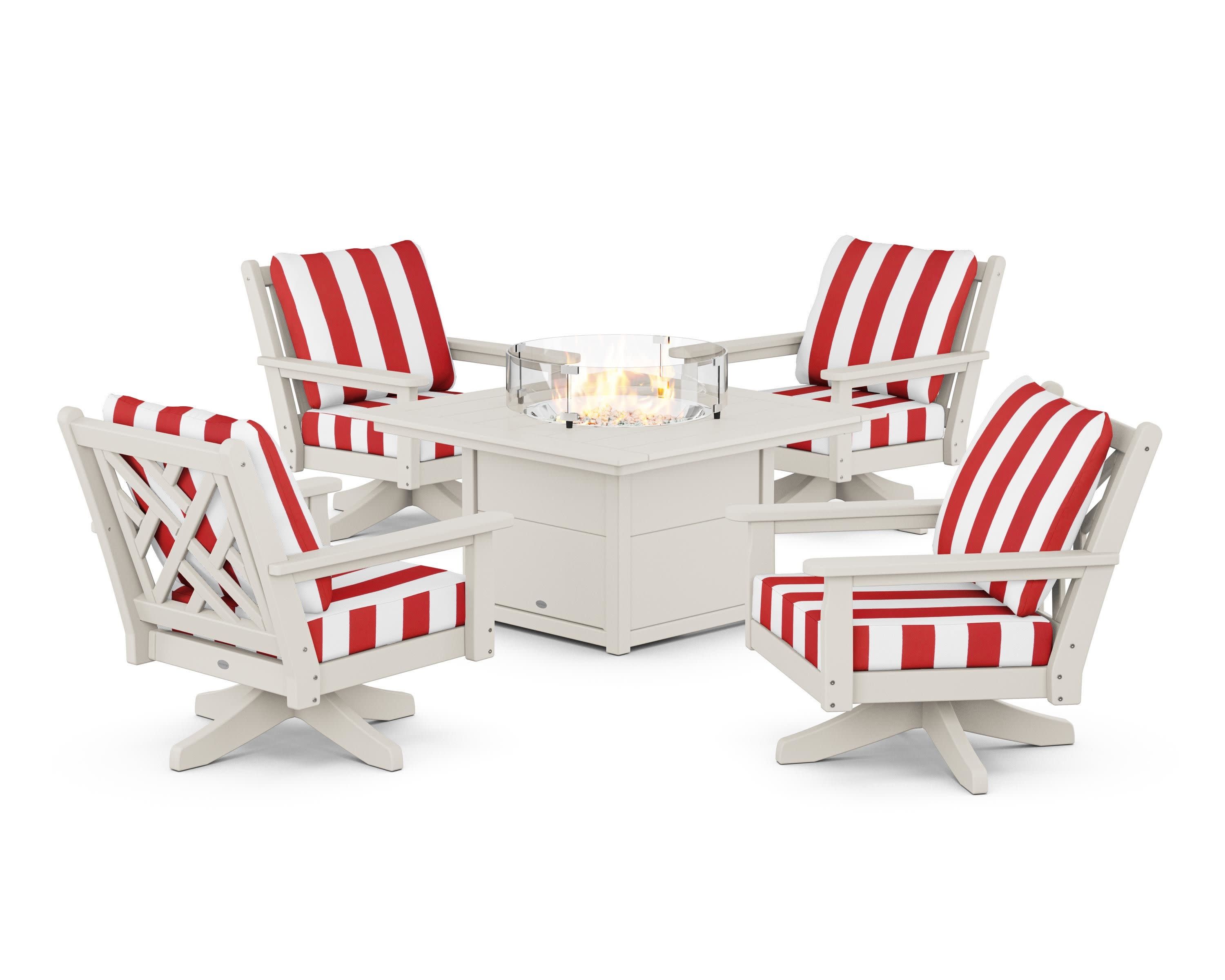 Chippendale 5-Piece Deep Seating Swivel Conversation Set with Fire Pit Table in Sand / Cabana Stripe Crimson