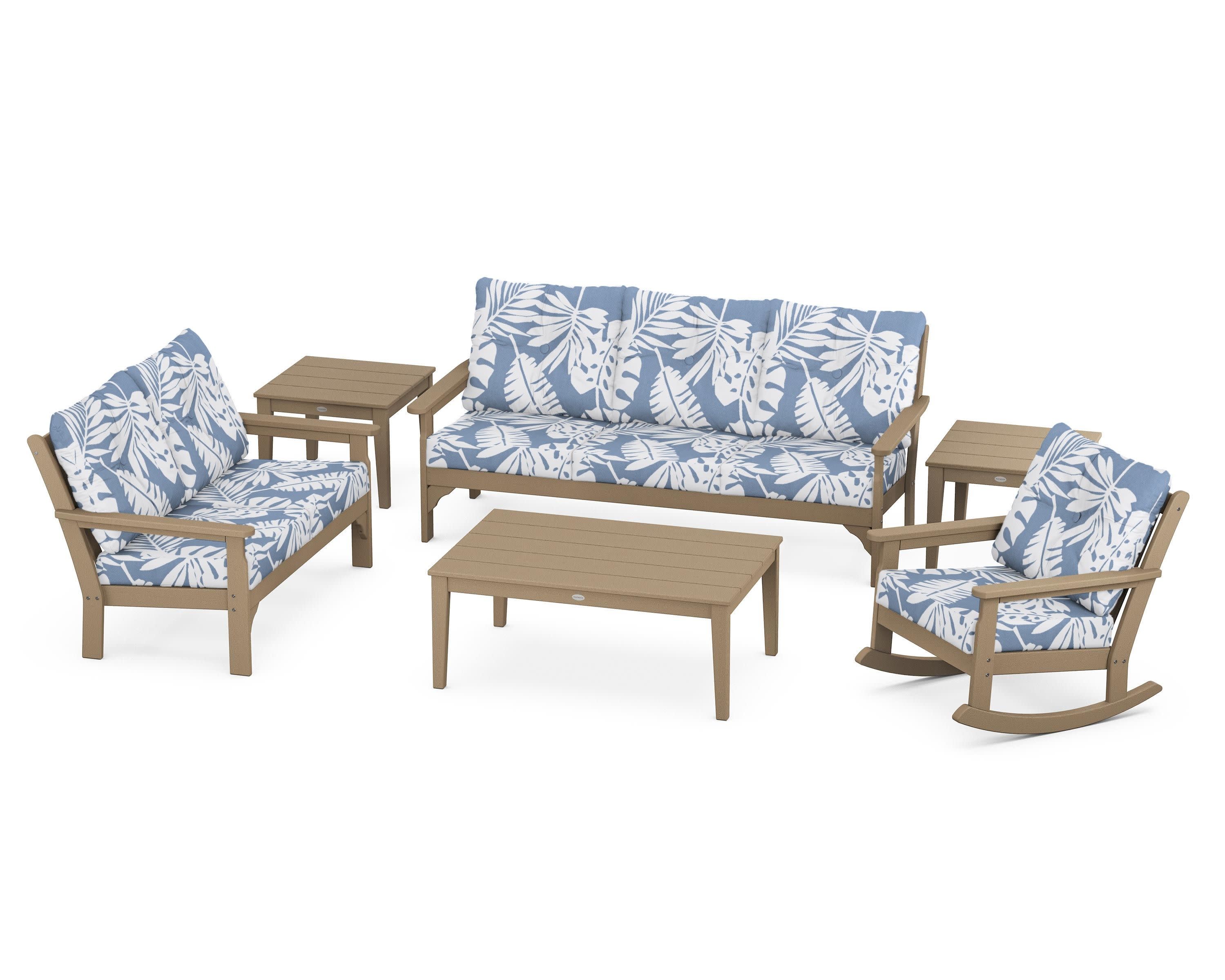 Vineyard 6-Piece Deep Seating Set in Vintage Sahara / Leaf Sky Blue