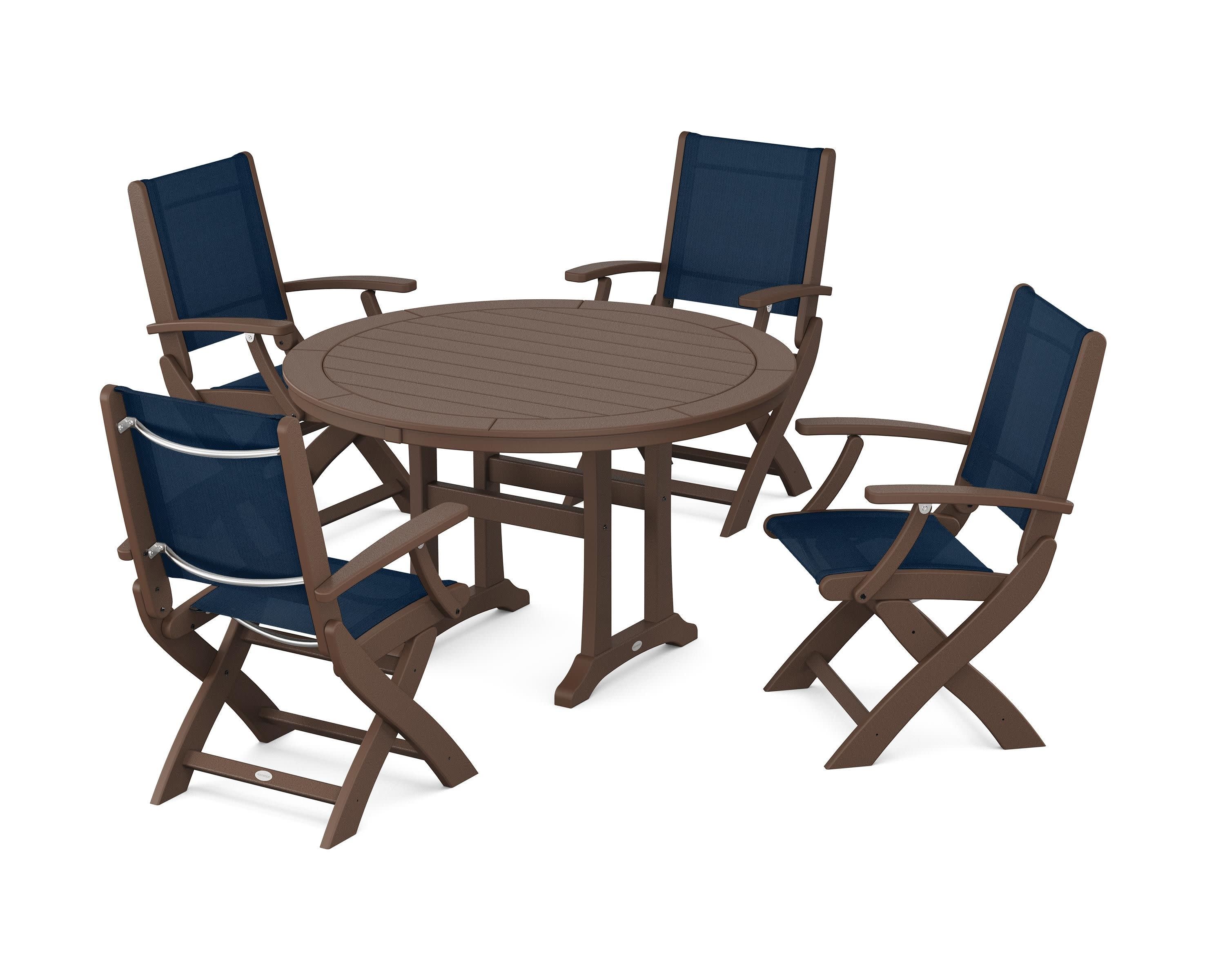 Coastal Folding Chair 5-Piece Round Dining Set with Trestle Legs in Mahogany / Navy Blue Sling