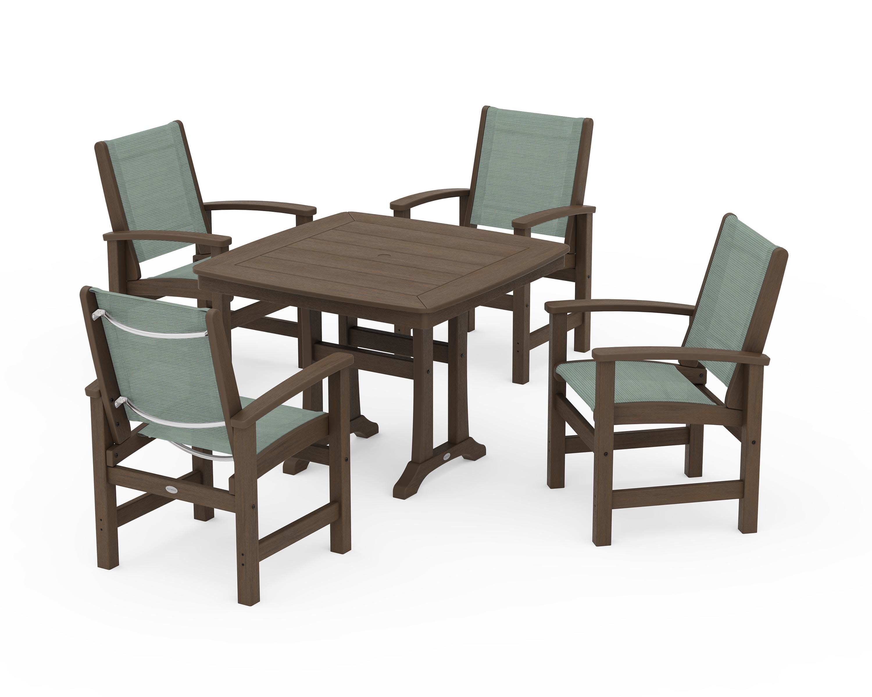 Coastal 5-Piece Dining Set with Trestle Legs in Kona / Dupioni Sea Mist Sling