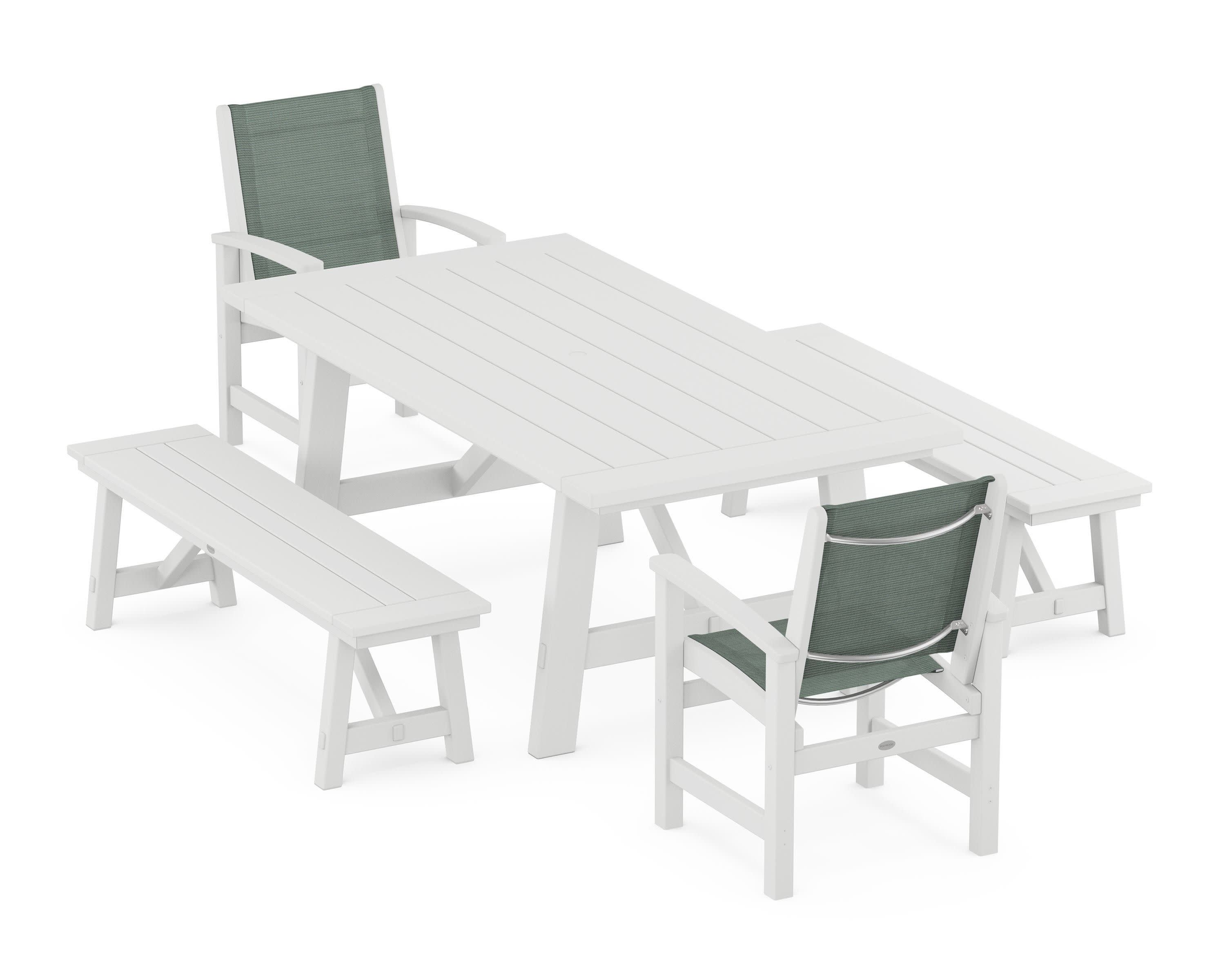 Coastal 5-Piece Rustic Farmhouse Dining Set With Benches in White / Dupioni Sea Mist Sling