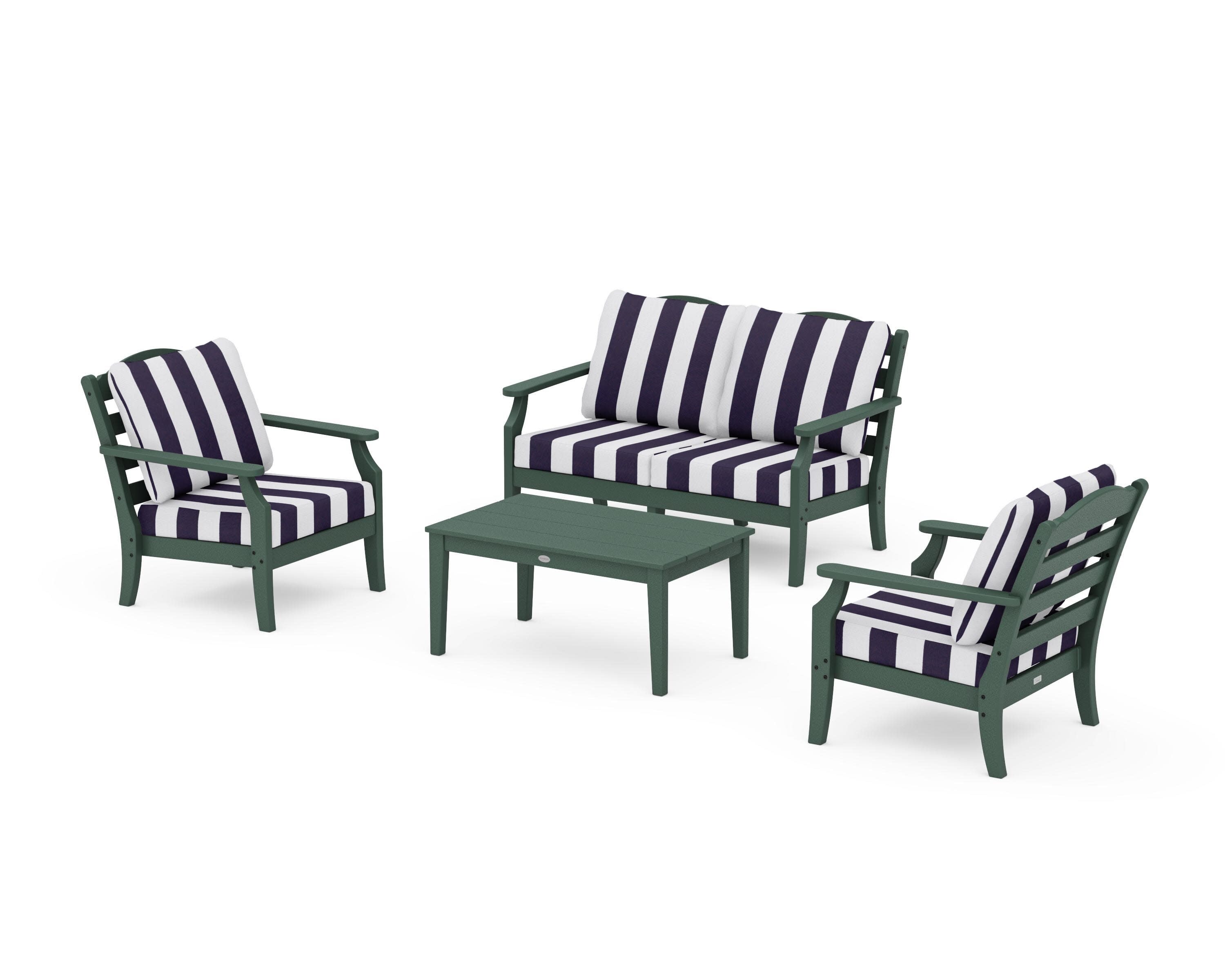 Savannah 4-Piece Deep Seating Set with Loveseat in Green / Cabana Stripe Navy