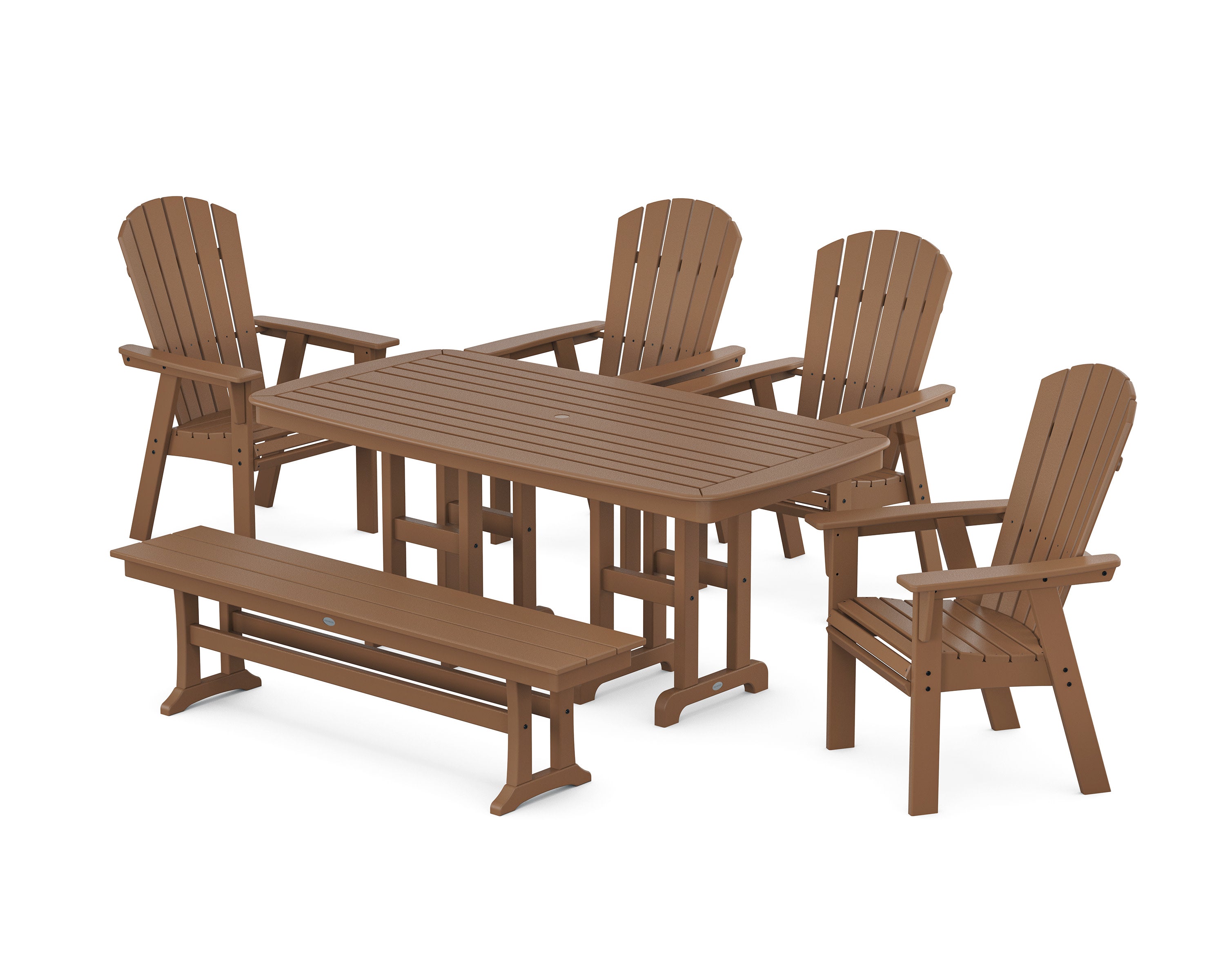 Nautical Curveback Adirondack 6-Piece Dining Set with Bench in Teak
