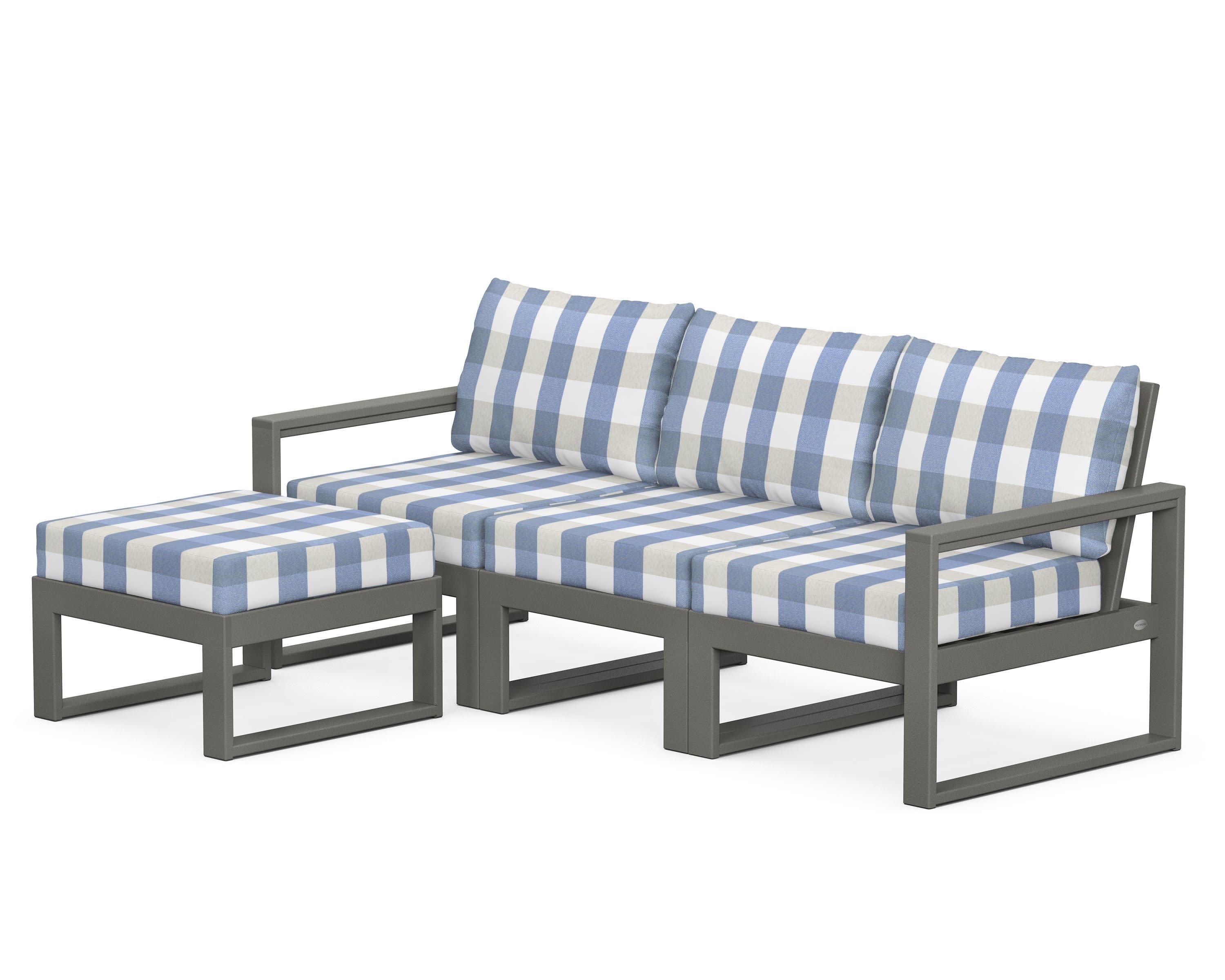 EDGE 4-Piece Modular Deep Seating Set with Ottoman in Slate Grey / Buffalo Plaid Sky Blue