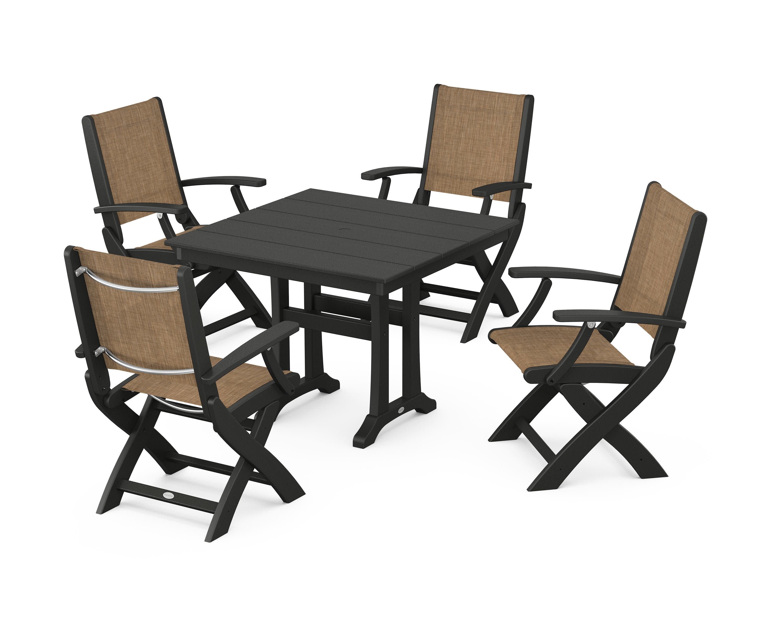 Coastal Folding Chair 5-Piece Farmhouse Dining Set With Trestle Legs in Black / Burlap Sling