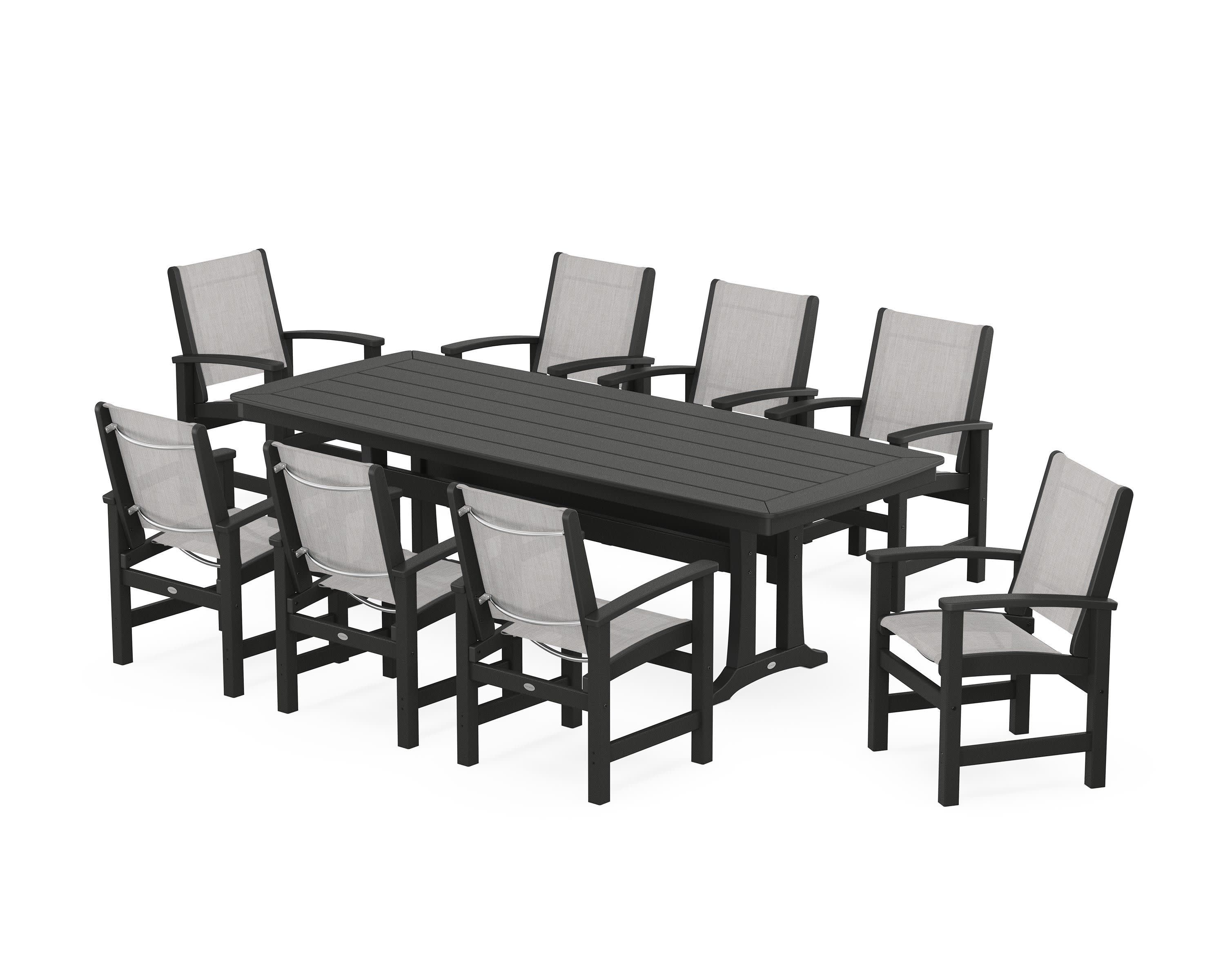 Coastal 9-Piece Dining Set with Trestle Legs in Black / Parchment Sling