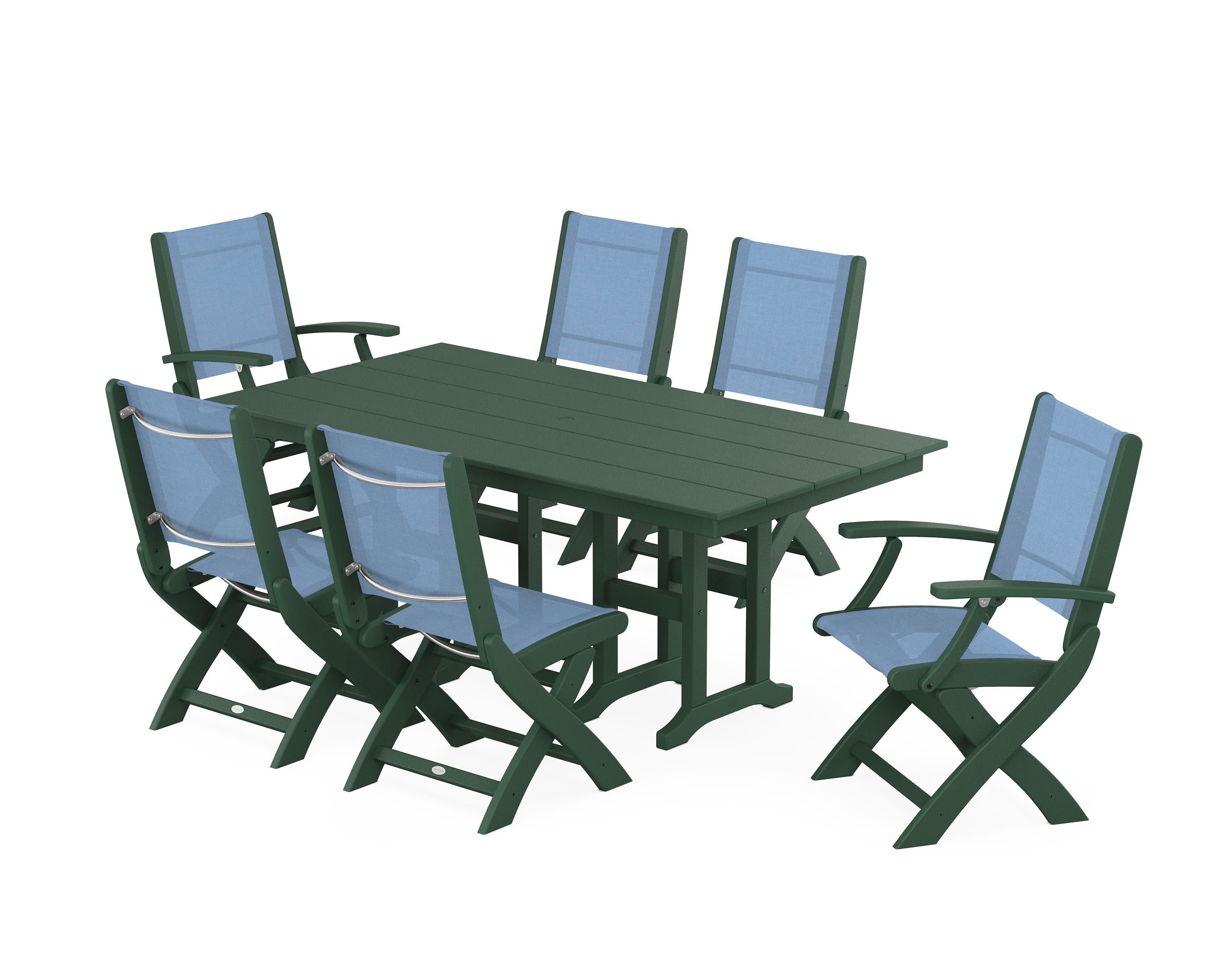 Coastal Folding Chair 7-Piece Farmhouse Dining Set in Green / Poolside Sling