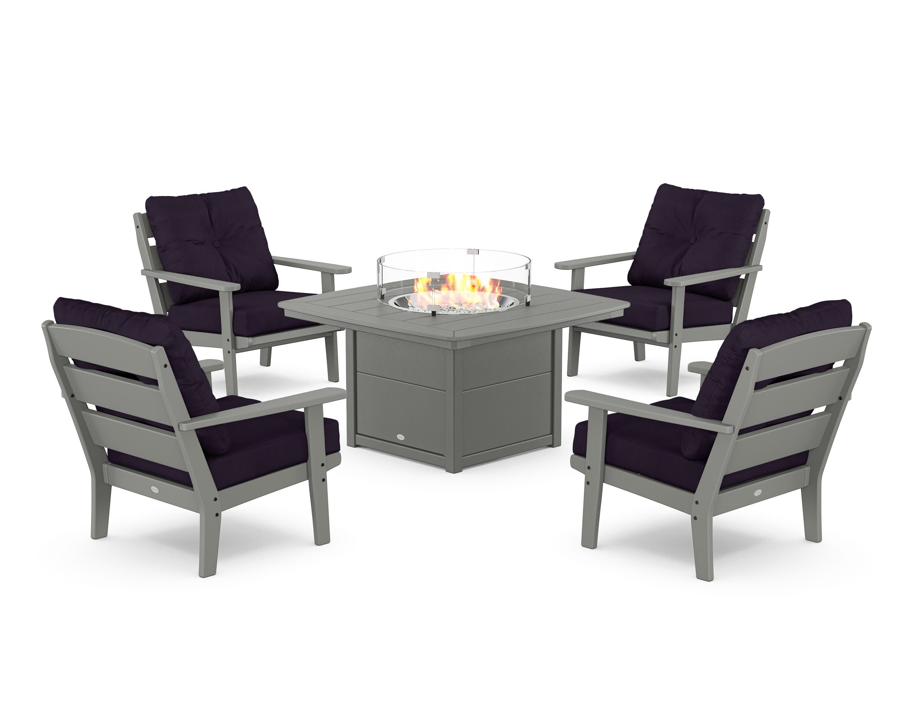 Lakeside 5-Piece Deep Seating Set with Nautical Fire Pit Table in Slate Grey / Navy Linen