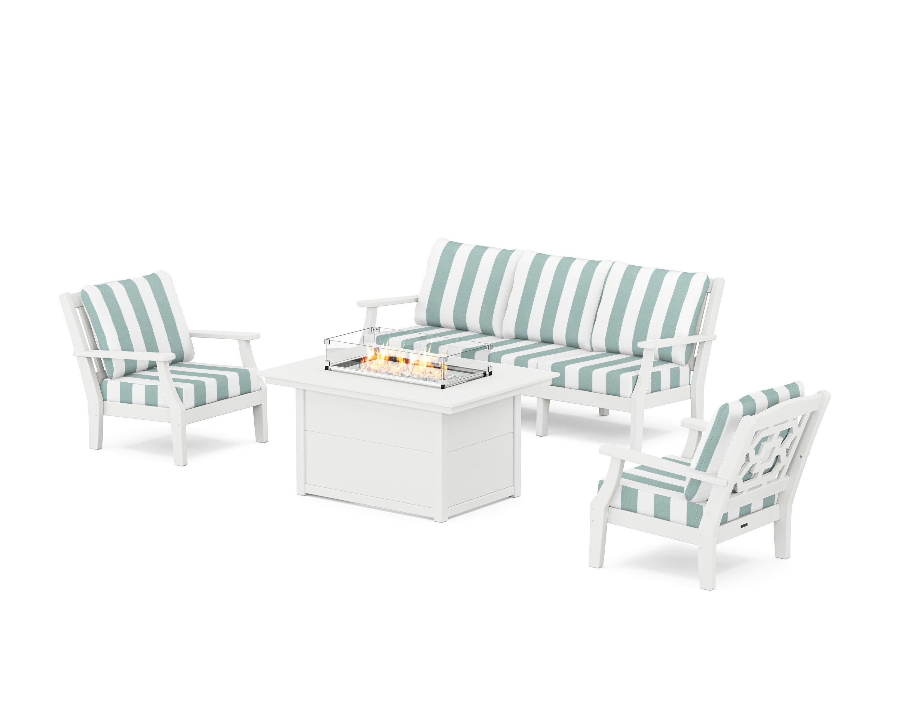 Chinoiserie Deep Seating Fire Pit Table Set in White / Cabana Stripe Glacier Spa