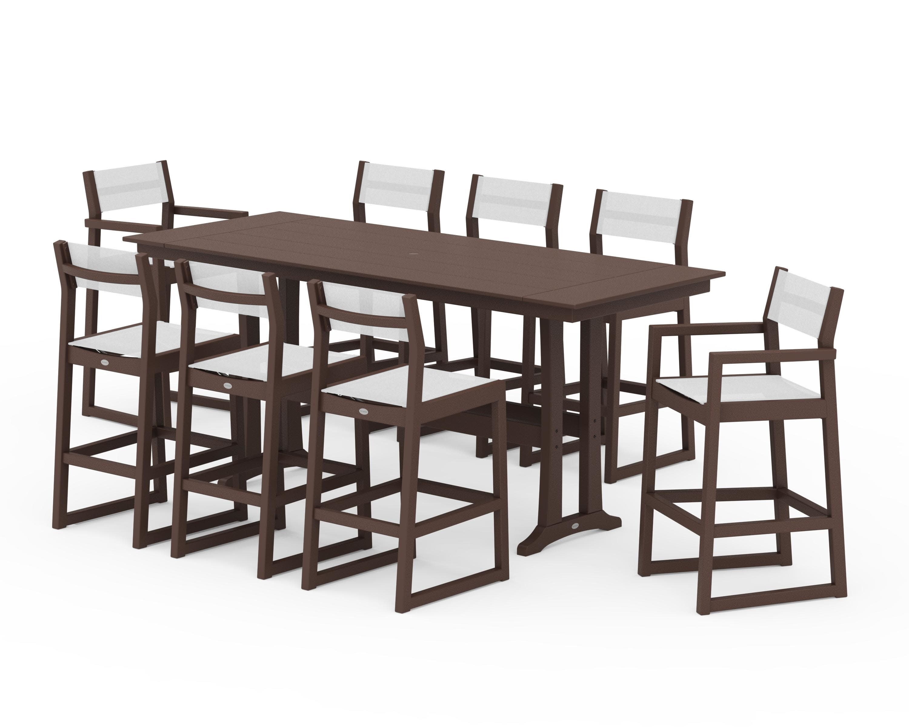 EDGE Sling 9-Piece Farmhouse Bar Set with Trestle Legs in Mahogany / White Sling