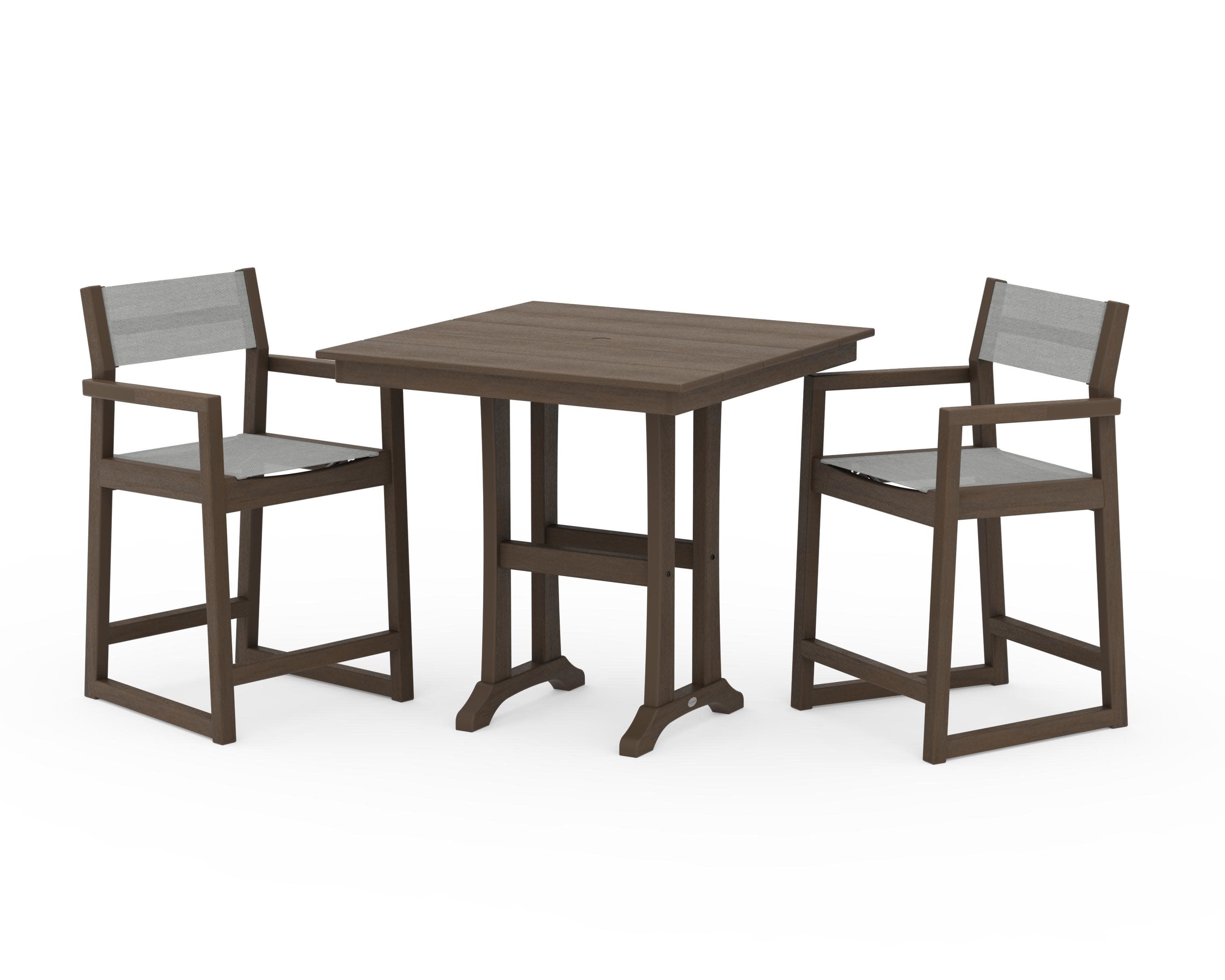EDGE Sling Arm Chair 3-Piece Farmhouse Counter Set with Trestle Legs in Kona / Metallic Sling