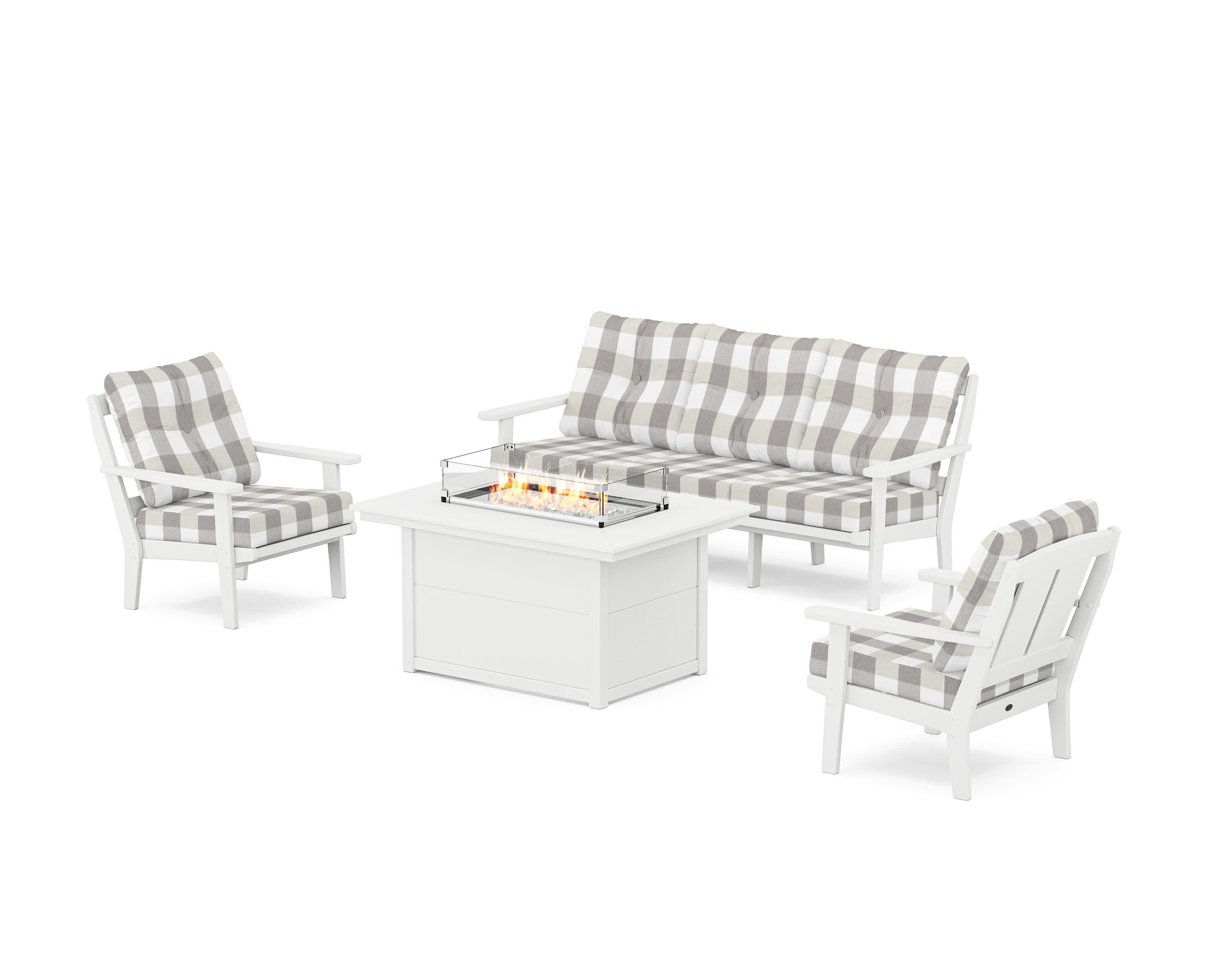 Mission Deep Seating Fire Pit Table Set in White / Buffalo Plaid Grey Mist