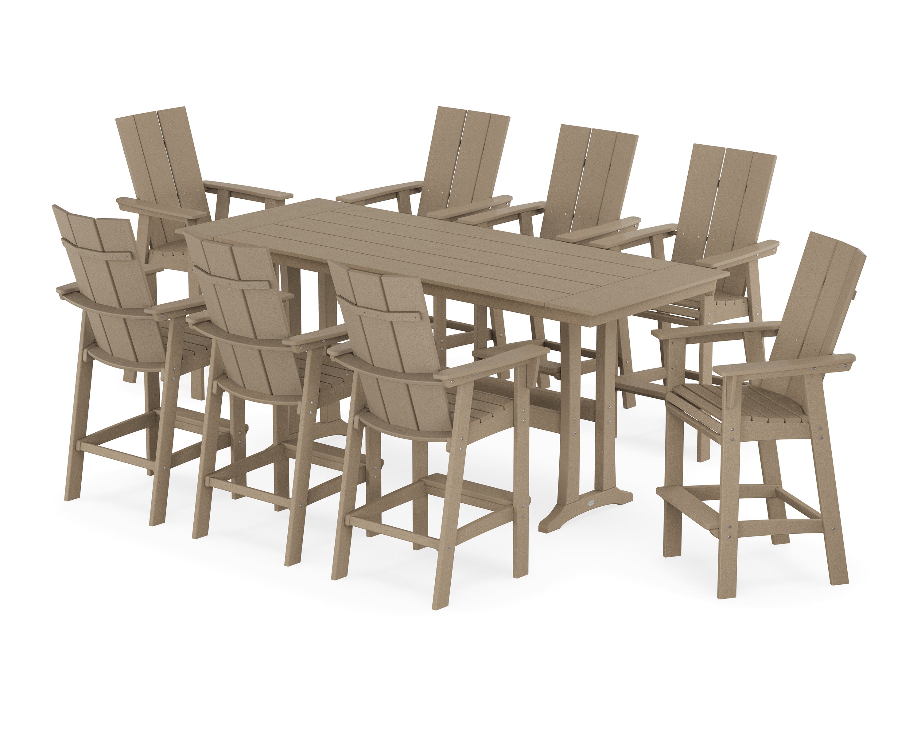 Modern Curveback Adirondack 9-Piece Farmhouse Bar Set with Trestle Legs in Vintage Sahara