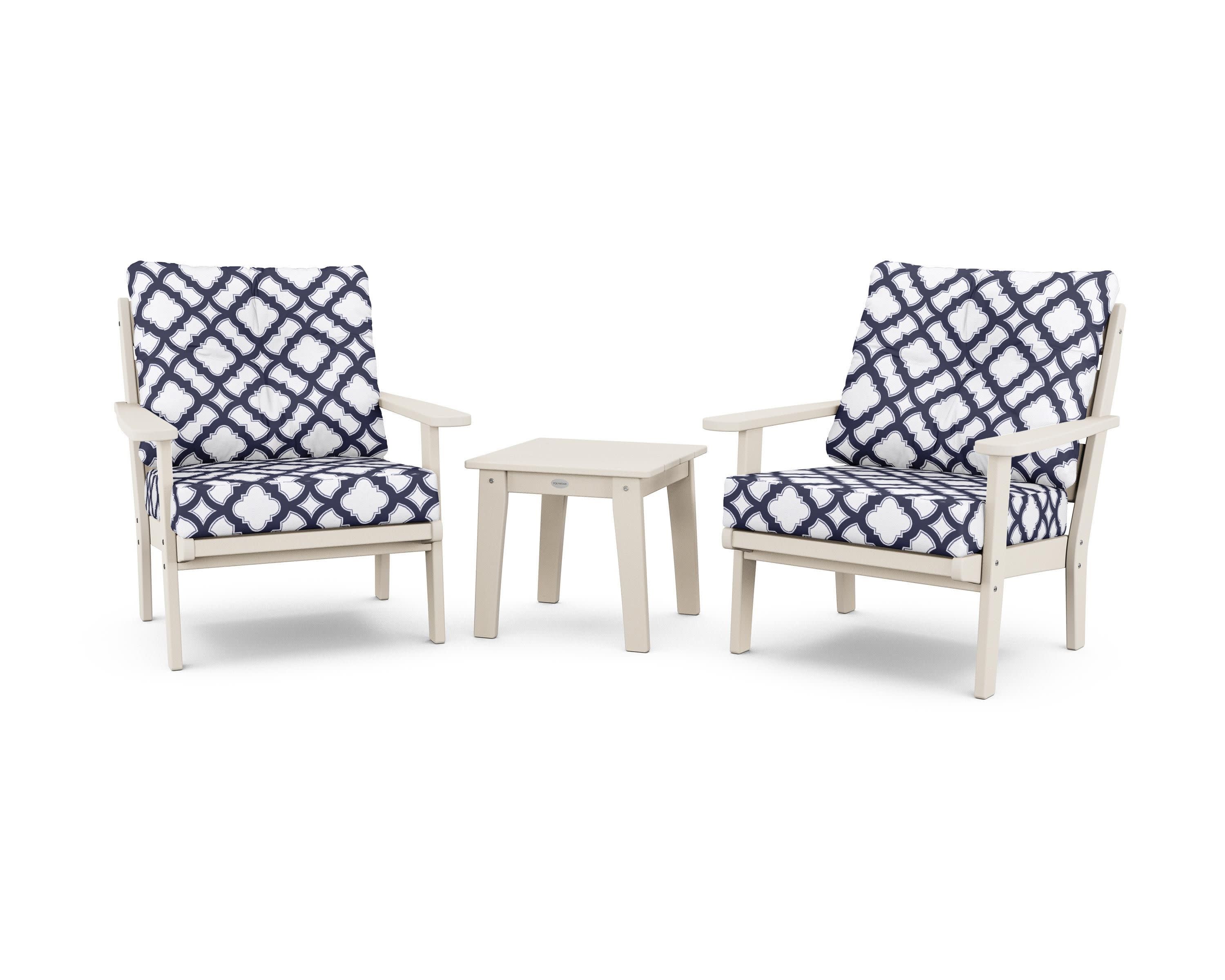 Lakeside 3-Piece Deep Seating Chair Set in Sand / Trellis Navy