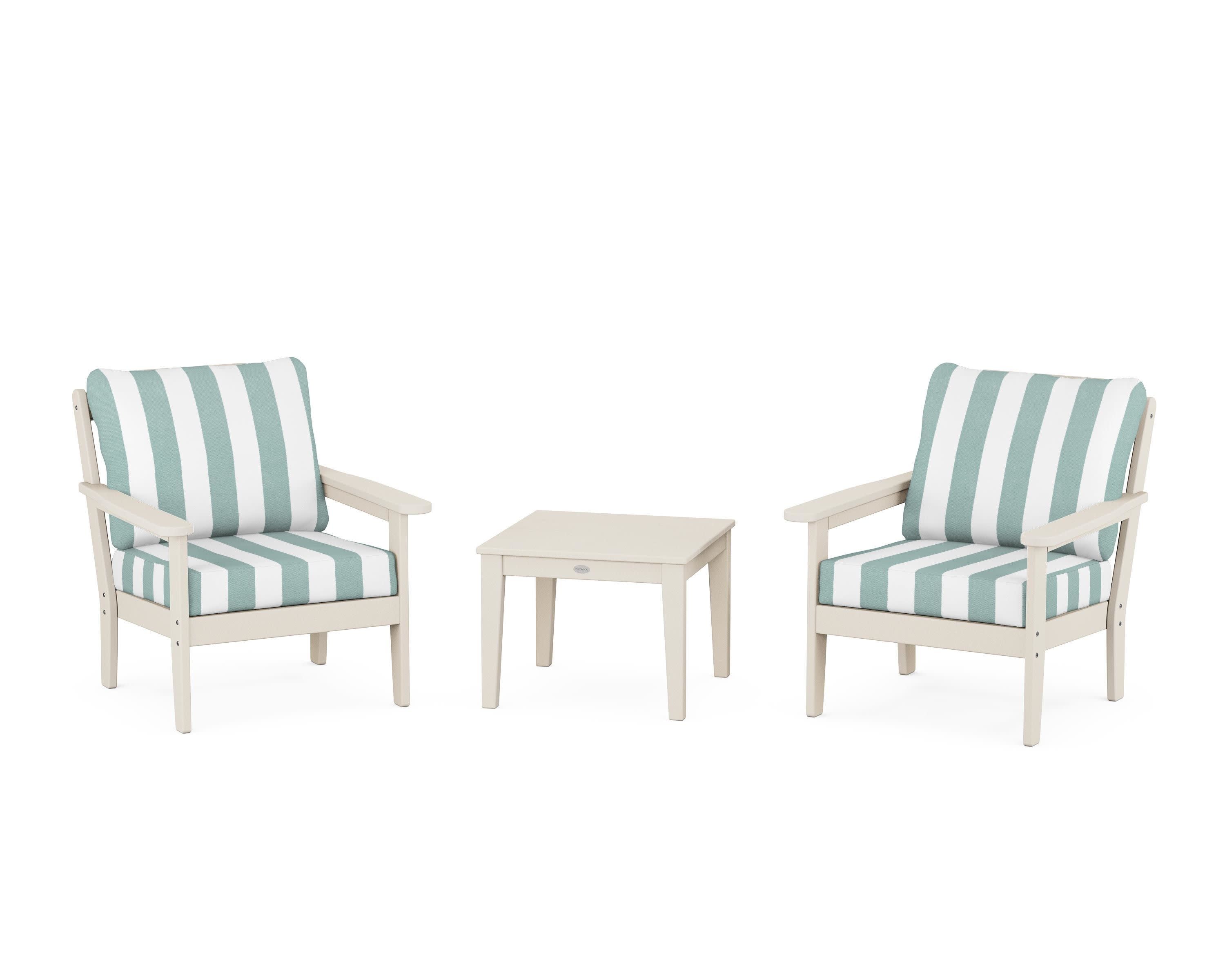 Cottage 3-Piece Deep Seating Set in Sand / Cabana Stripe Glacier Spa