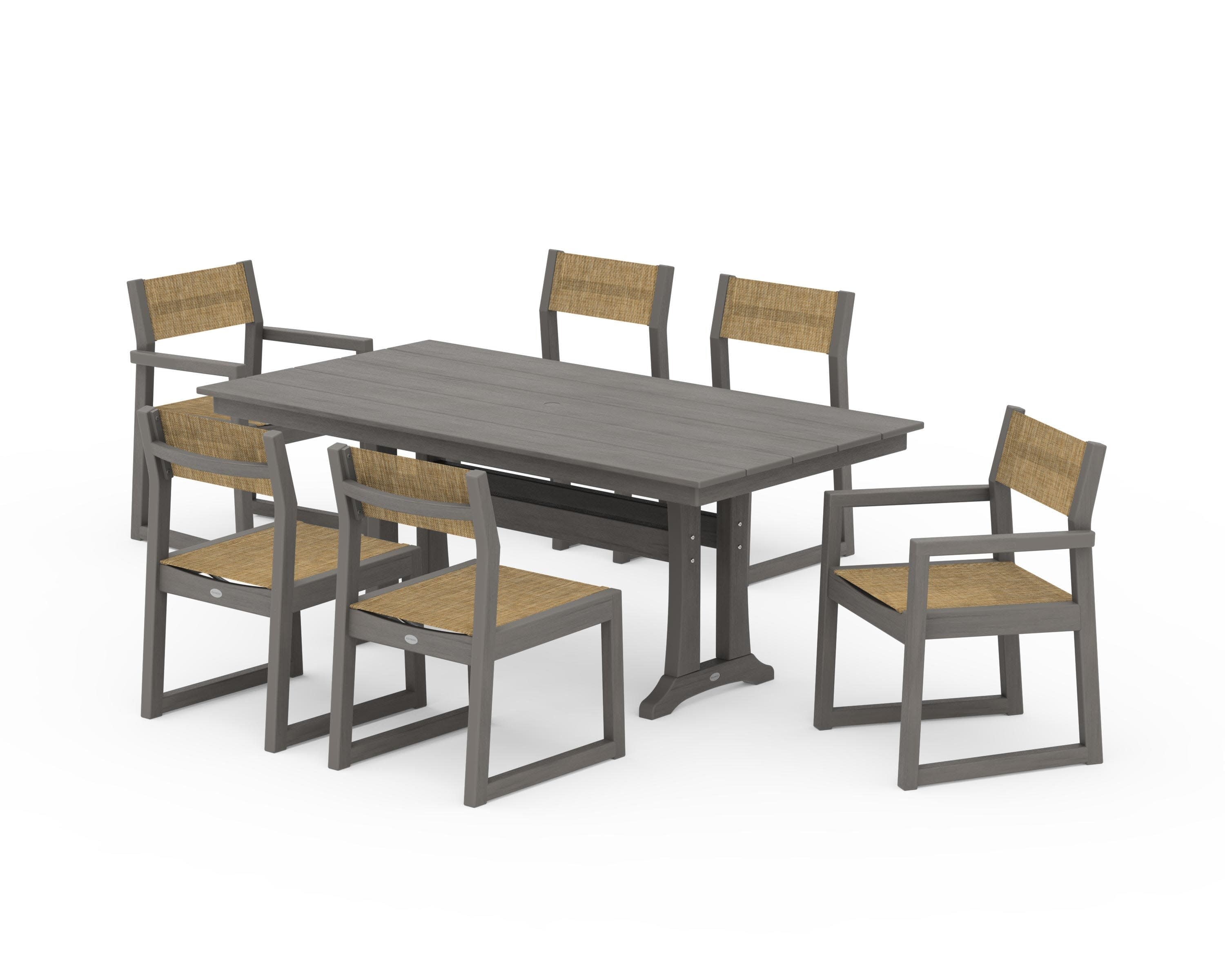 EDGE Sling 7-Piece Farmhouse Trestle Dining Set in Driftwood / Burlap Sling