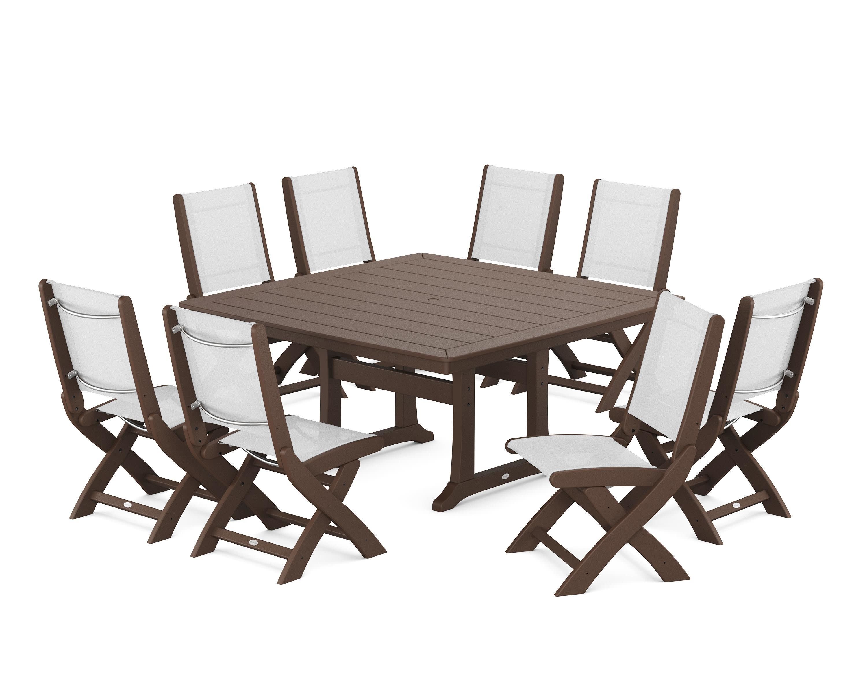 Coastal Folding Side Chair 9-Piece Dining Set with Trestle Legs in Mahogany / White Sling