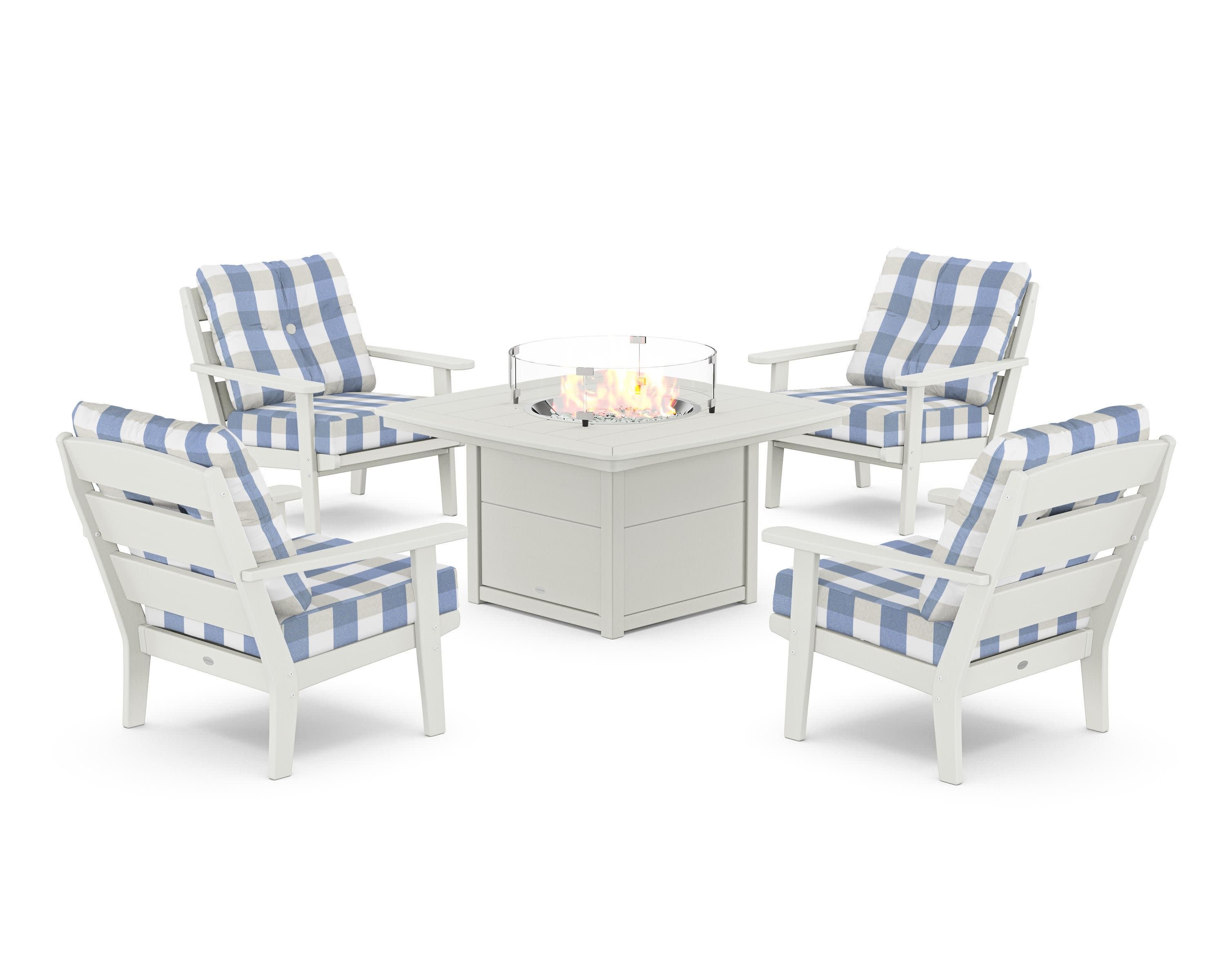Lakeside 5-Piece Deep Seating Set with Nautical Fire Pit Table in Vintage White / Buffalo Plaid Sky Blue