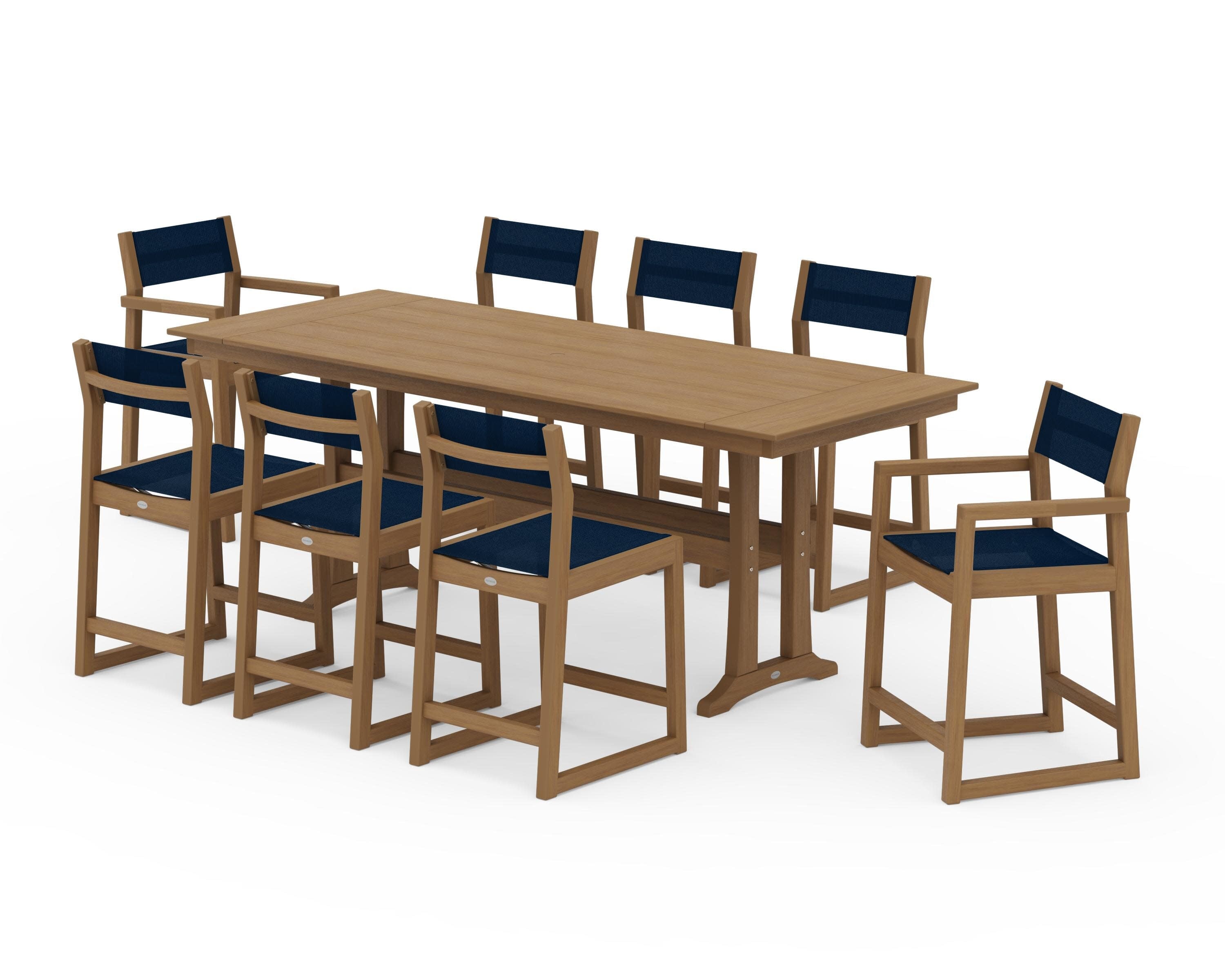 EDGE Sling 9-Piece Farmhouse Counter Set with Trestle Legs in Natural / Navy Blue Sling
