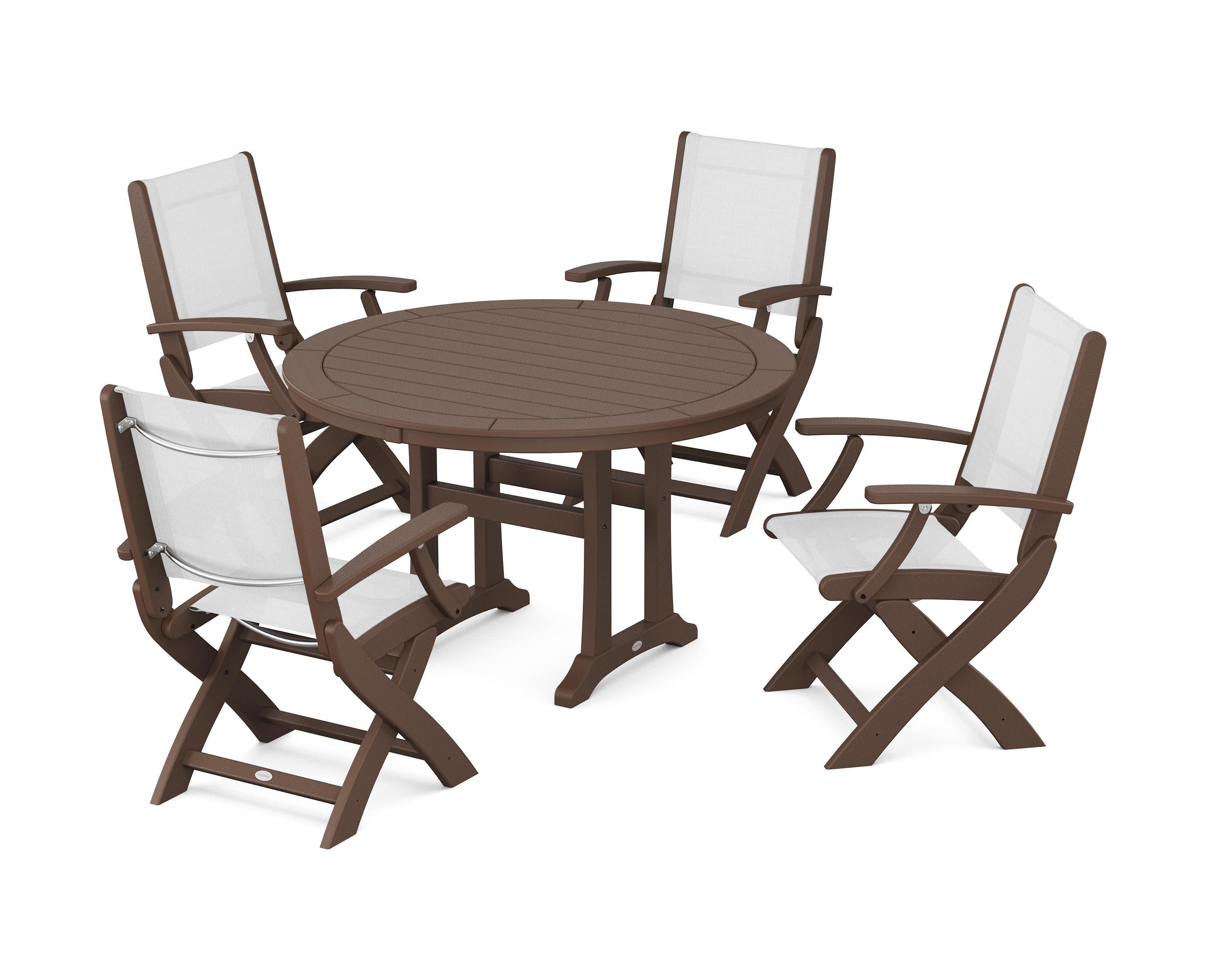 Coastal Folding Chair 5-Piece Round Dining Set with Trestle Legs in Mahogany / White Sling