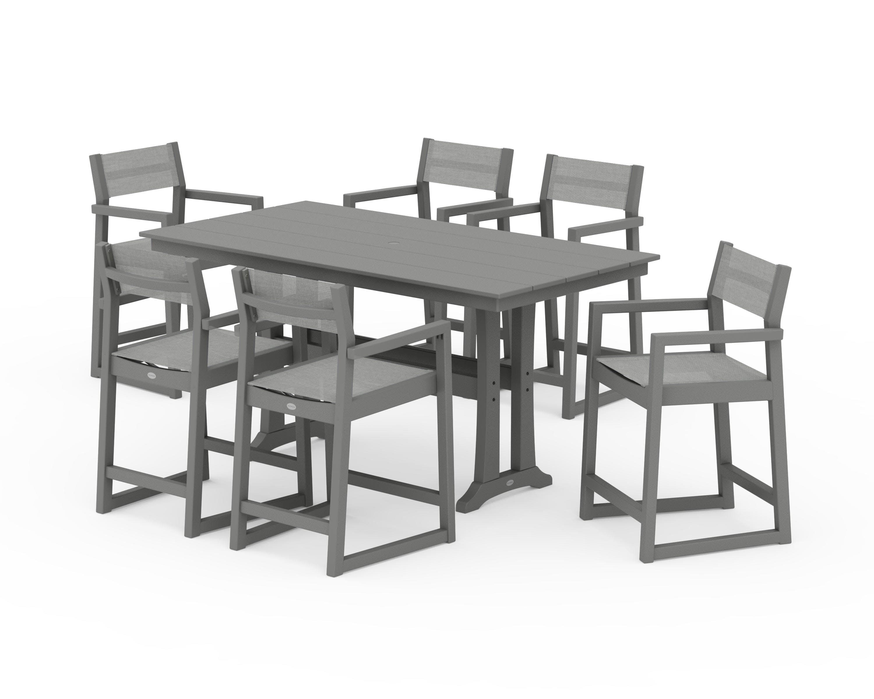 EDGE Sling Arm Chair 7-Piece Farmhouse Counter Set with Trestle Legs in Slate Grey / Metallic Sling