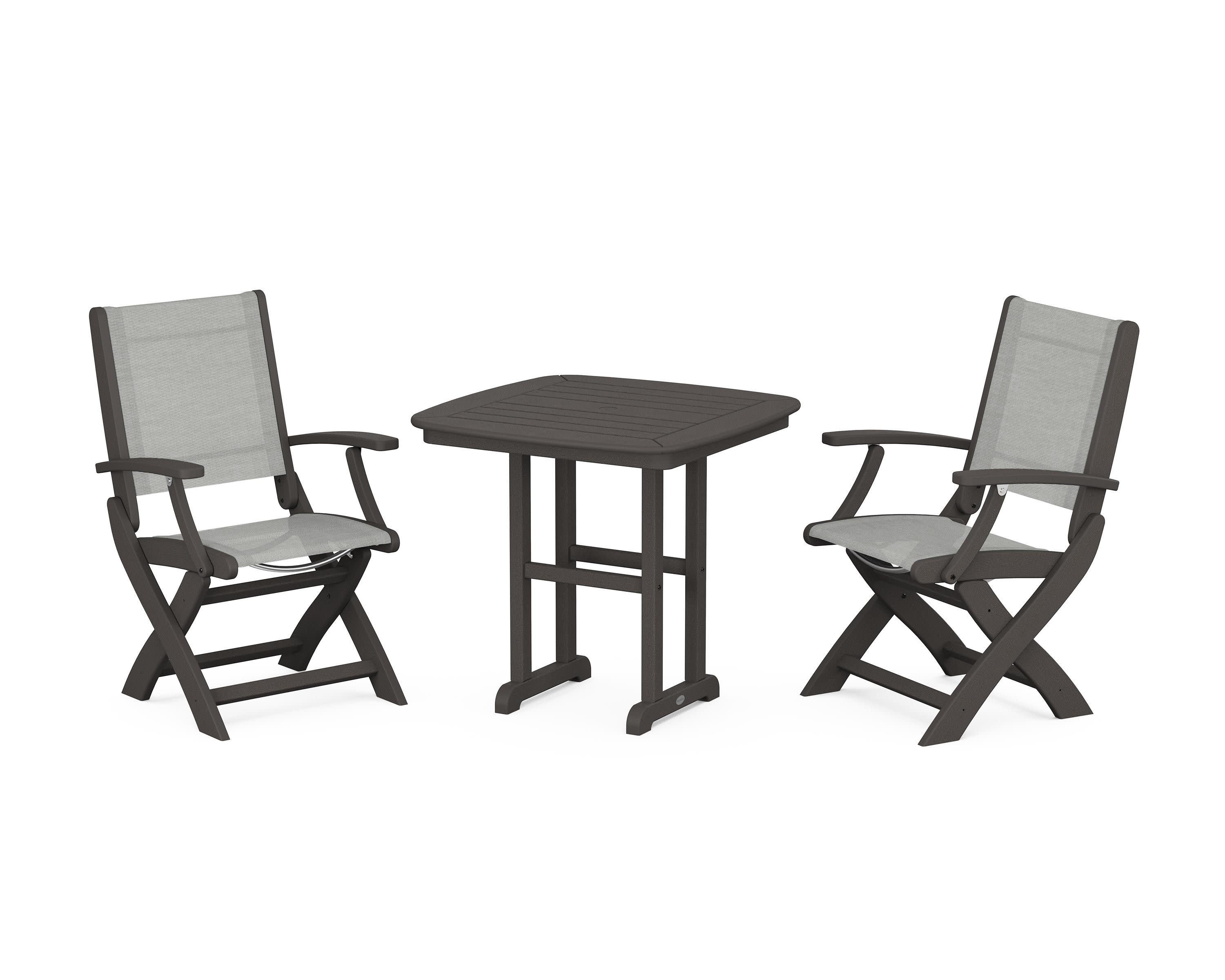 Coastal Folding Chair 3-Piece Dining Set in Vintage Coffee / Metallic Sling