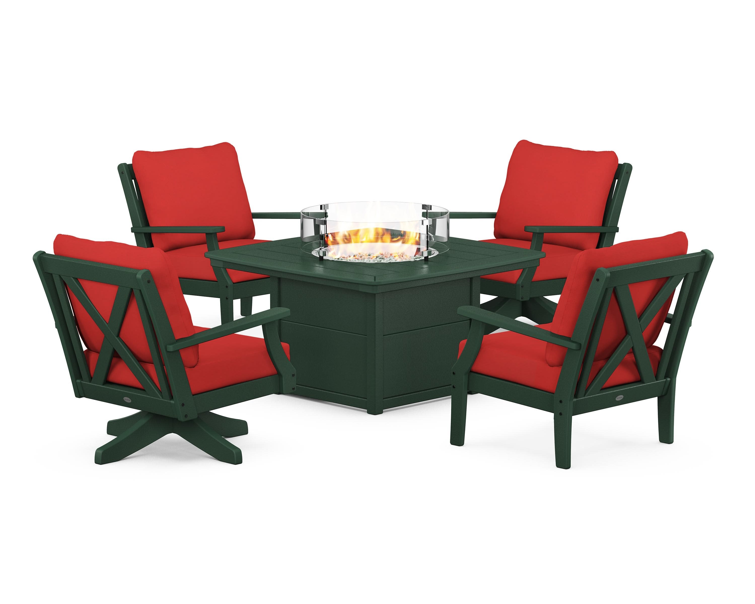 Braxton 5-Piece Deep Seating Set with Fire Table in Green / Crimson Linen
