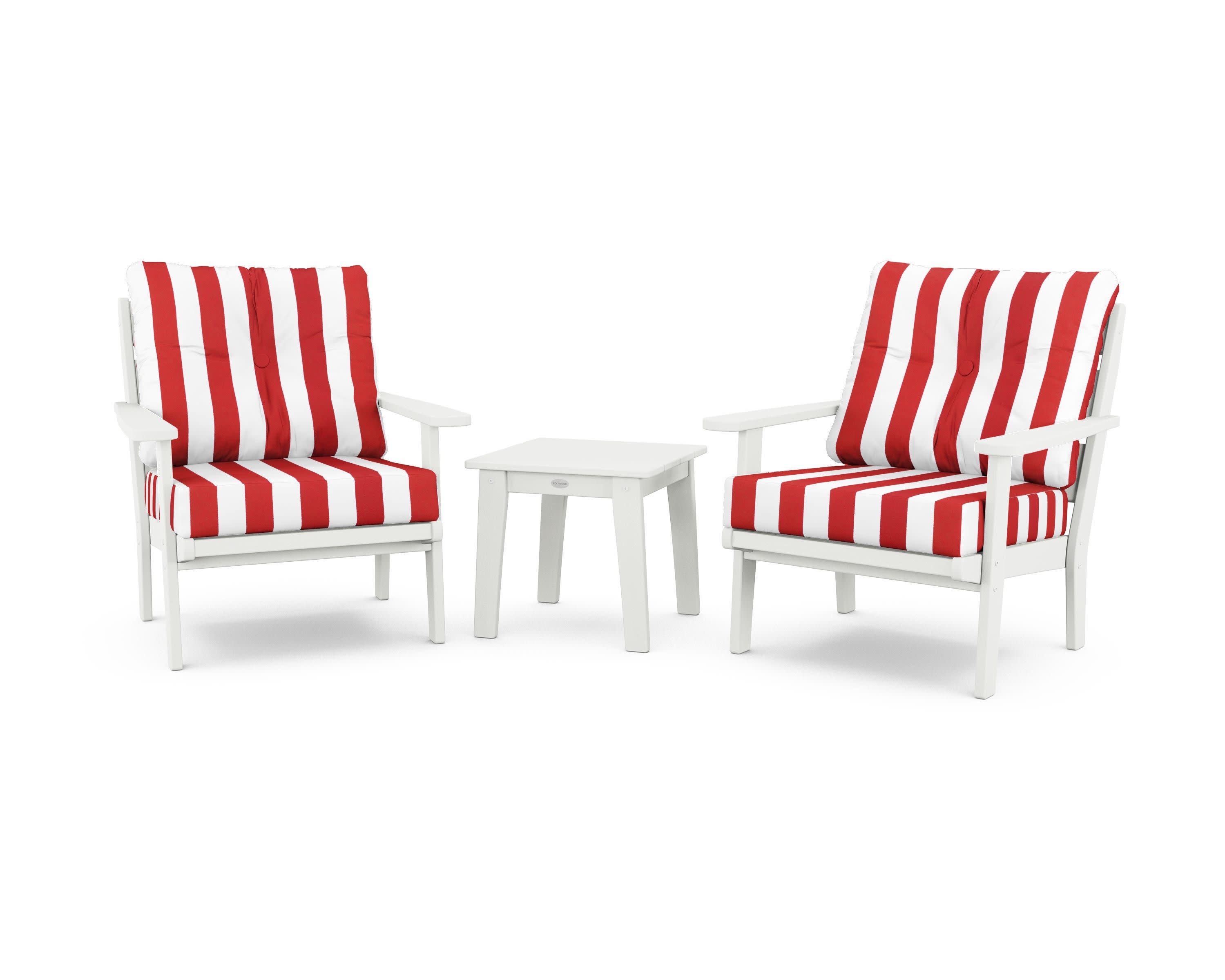 Lakeside 3-Piece Deep Seating Chair Set in Vintage White / Cabana Stripe Crimson
