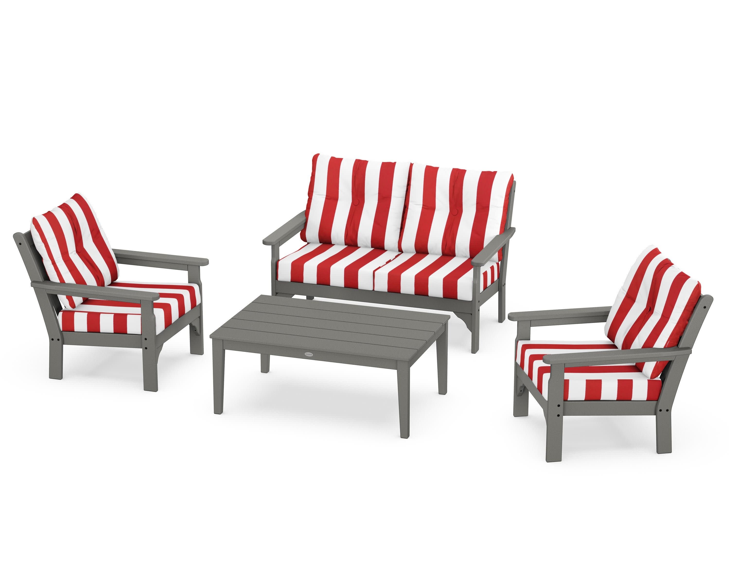Vineyard 4-Piece Deep Seating Set in Slate Grey / Cabana Stripe Crimson