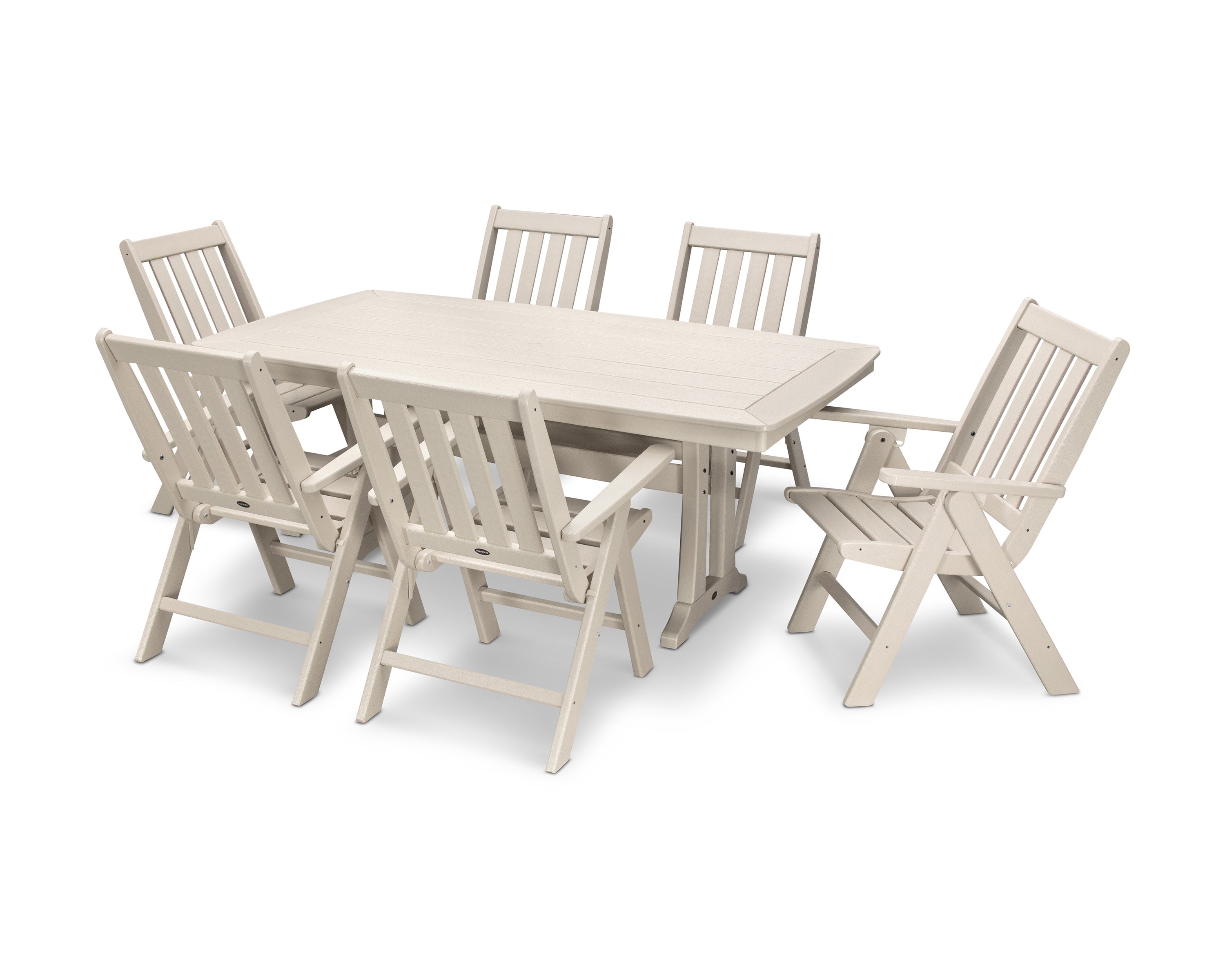 Vineyard Folding Chair 7-Piece Dining Set with Trestle Legs in Sand