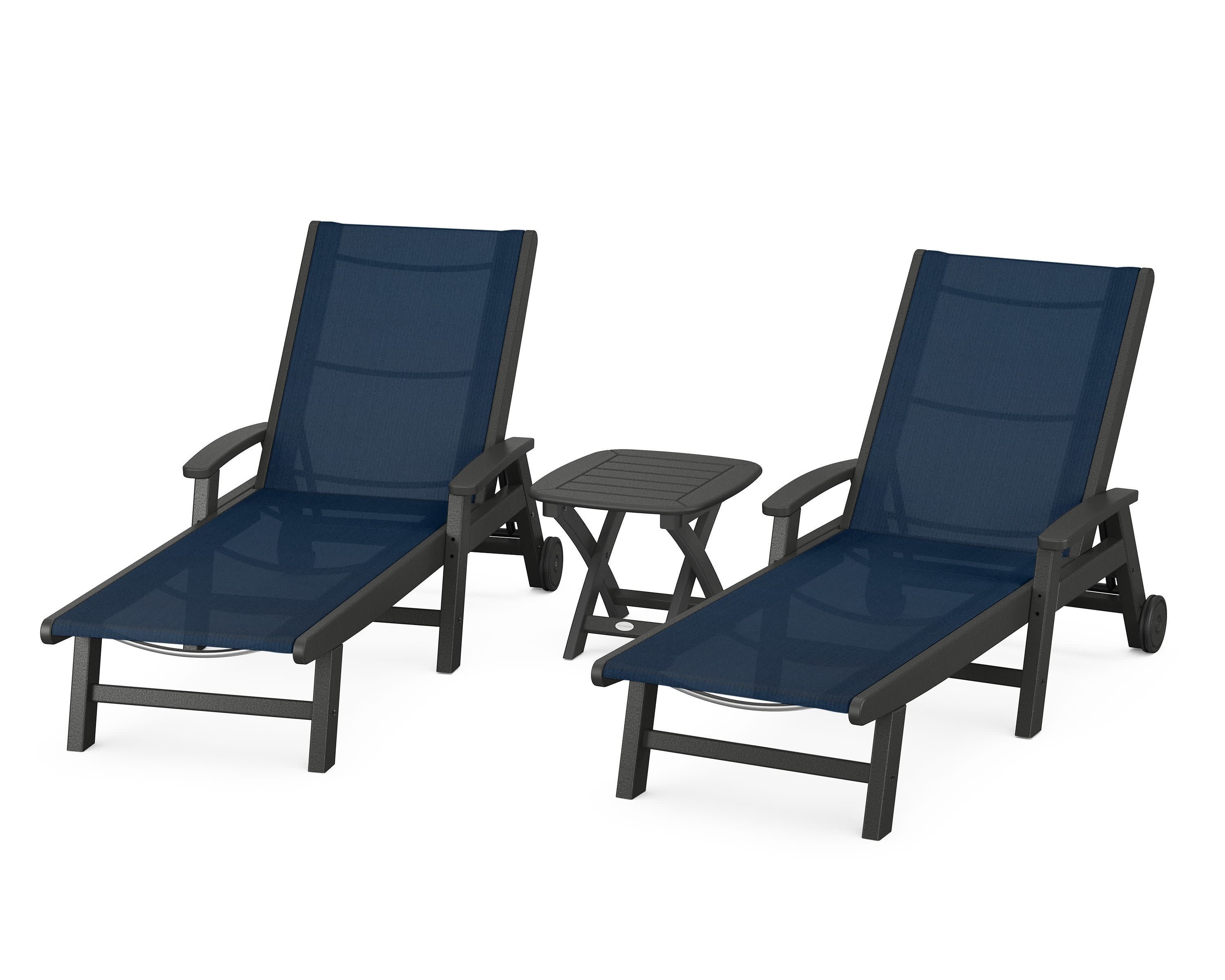 Coastal 3-Piece Wheeled Chaise Set in Black / Navy Blue Sling