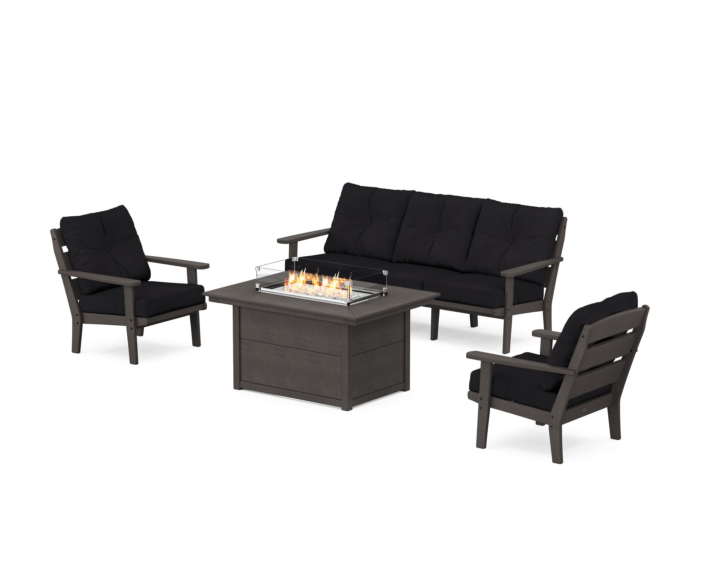 Lakeside Deep Seating Fire Pit Table Set in Vintage Coffee / Midnight Linen