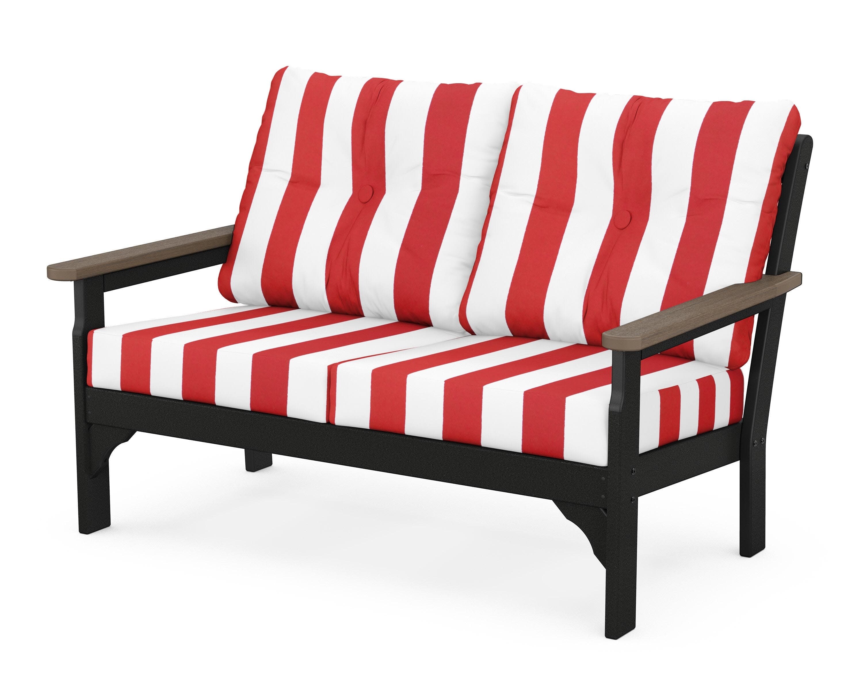 Vineyard Deep Seating Loveseat in Black / Kona / Cabana Stripe Crimson
