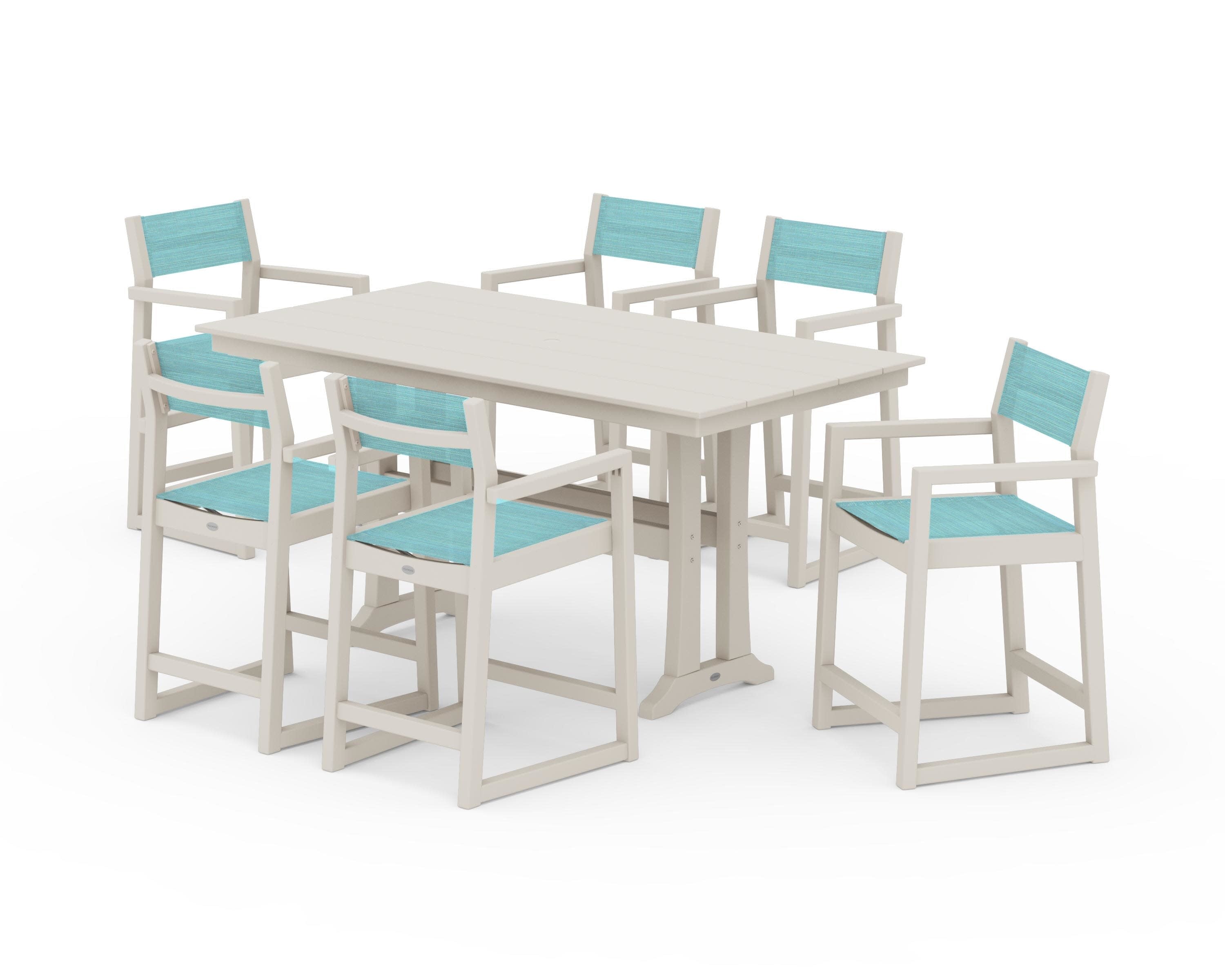 EDGE Sling Arm Chair 7-Piece Farmhouse Counter Set with Trestle Legs in Sand / Dupioni Aquamarine Sling
