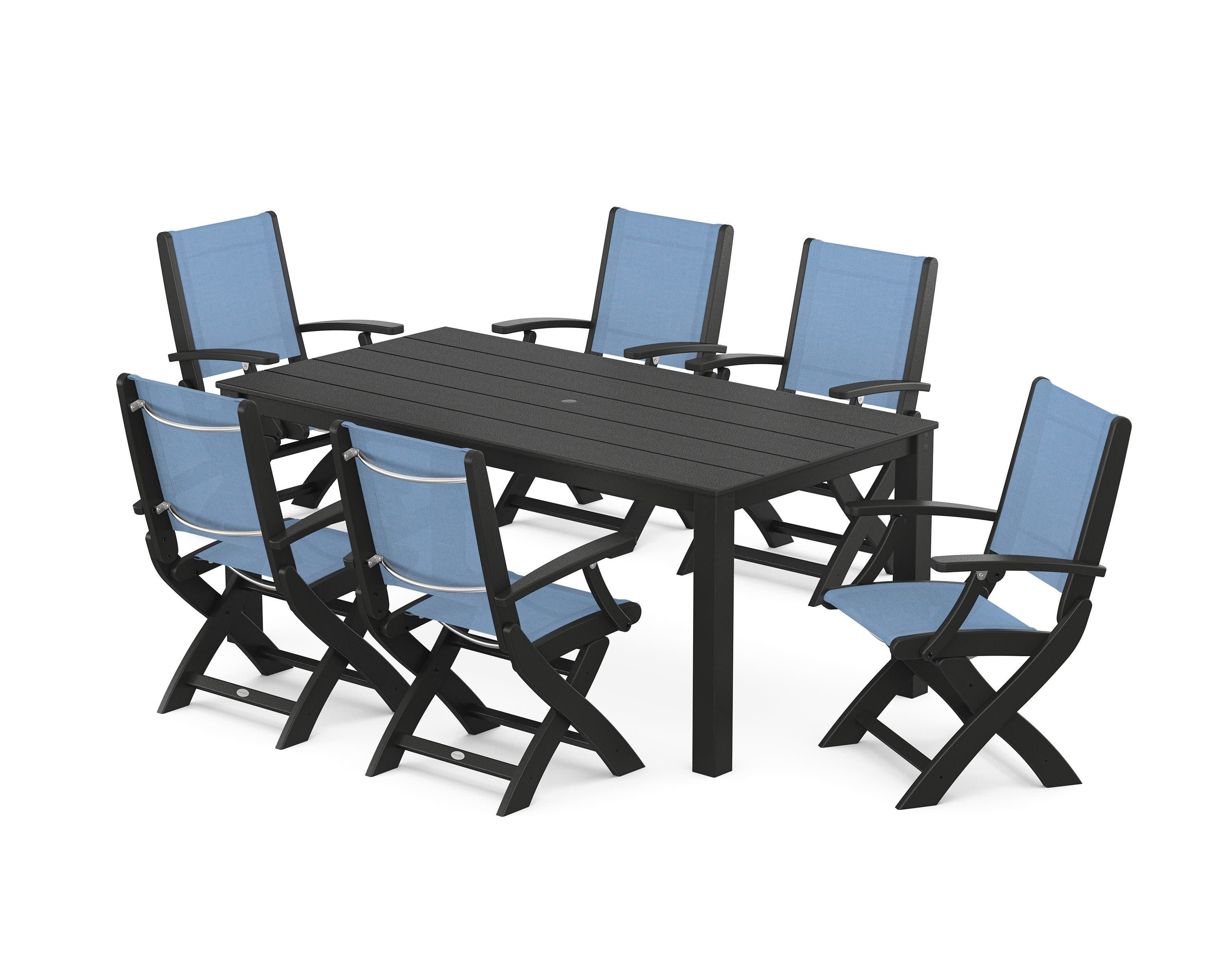 Coastal Folding Chair 7-Piece Parsons Dining Set in Black / Poolside Sling