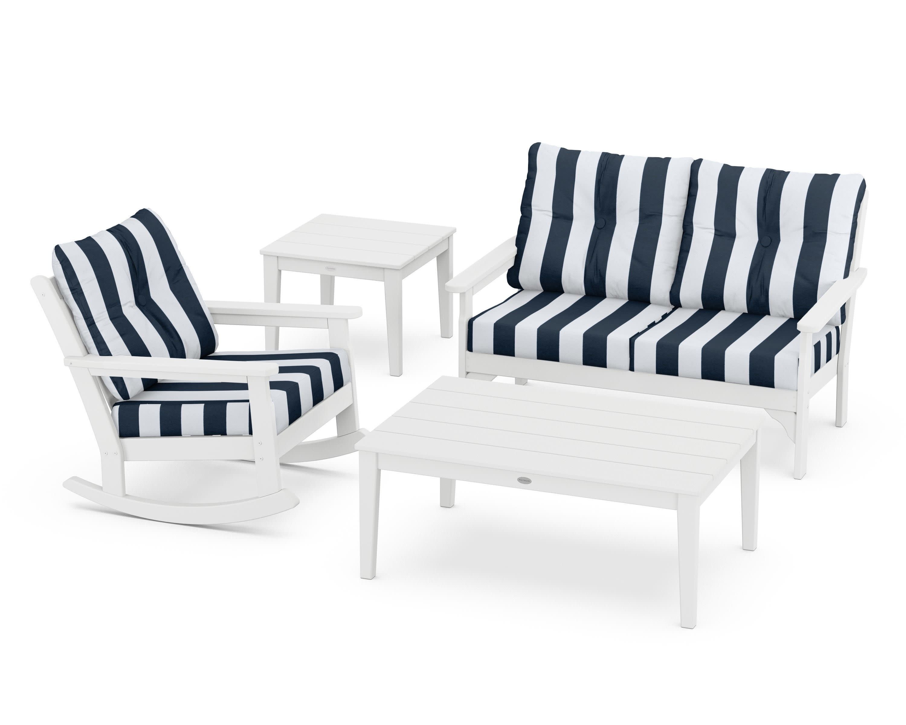 Vineyard 4-Piece Deep Seating Rocker Set in White / Cabana Stripe Marine Indigo