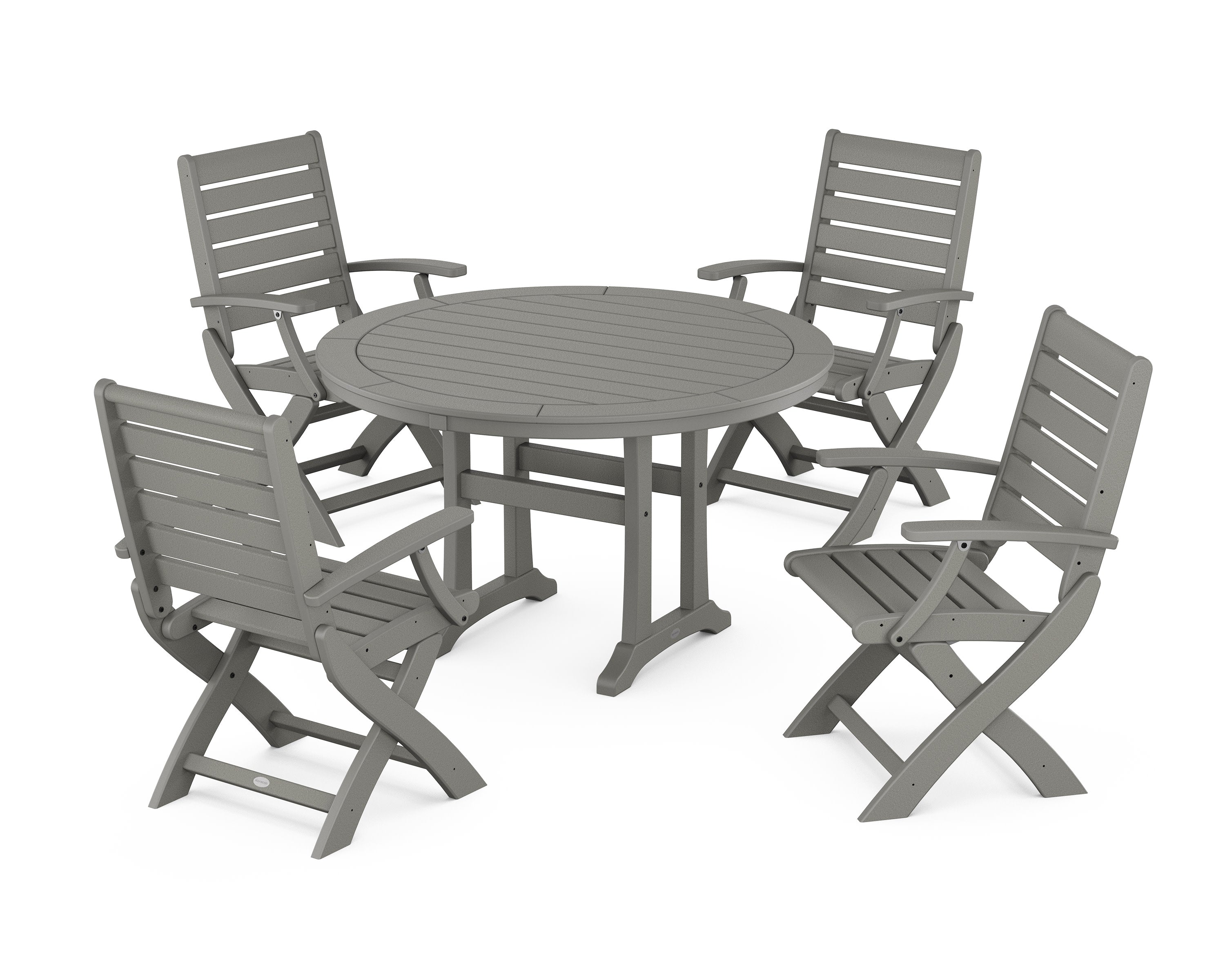 Signature Folding Chair 5-Piece Round Dining Set with Trestle Legs in Slate Grey