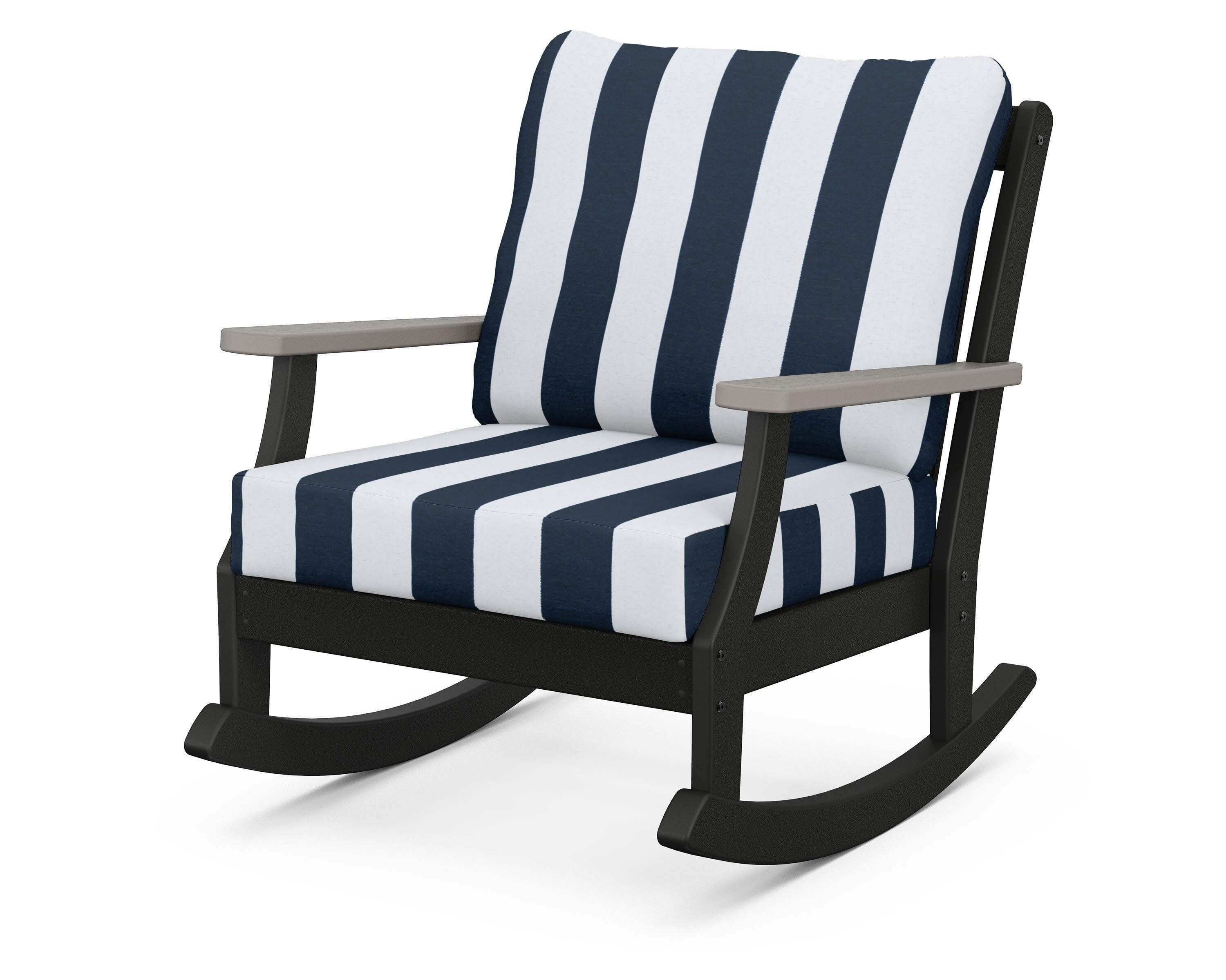 Braxton Deep Seating Rocking Chair in Black / Driftwood / Cabana Stripe Marine Indigo