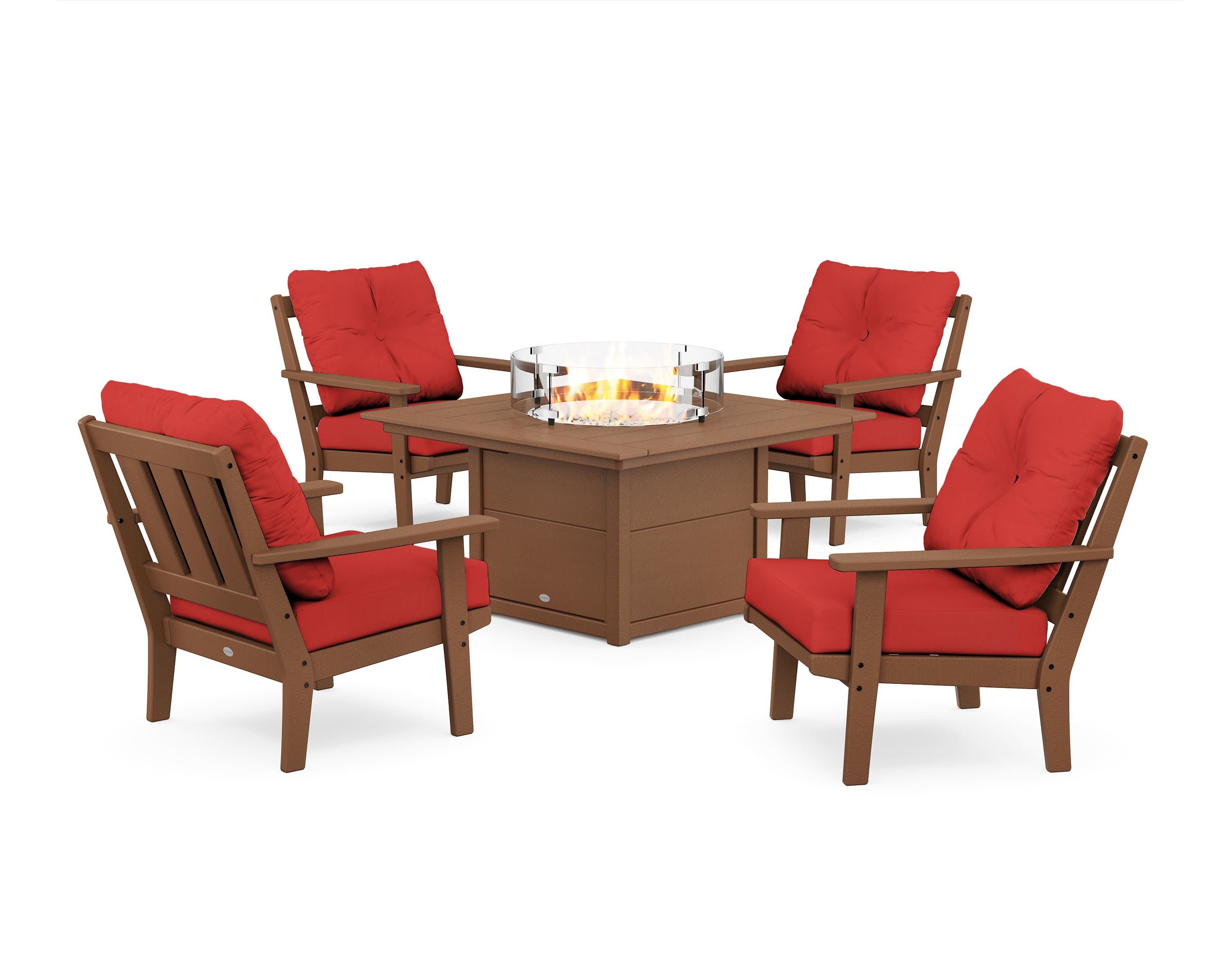 Oxford 5-Piece Deep Seating Set with Fire Pit Table in Teak / Crimson Linen