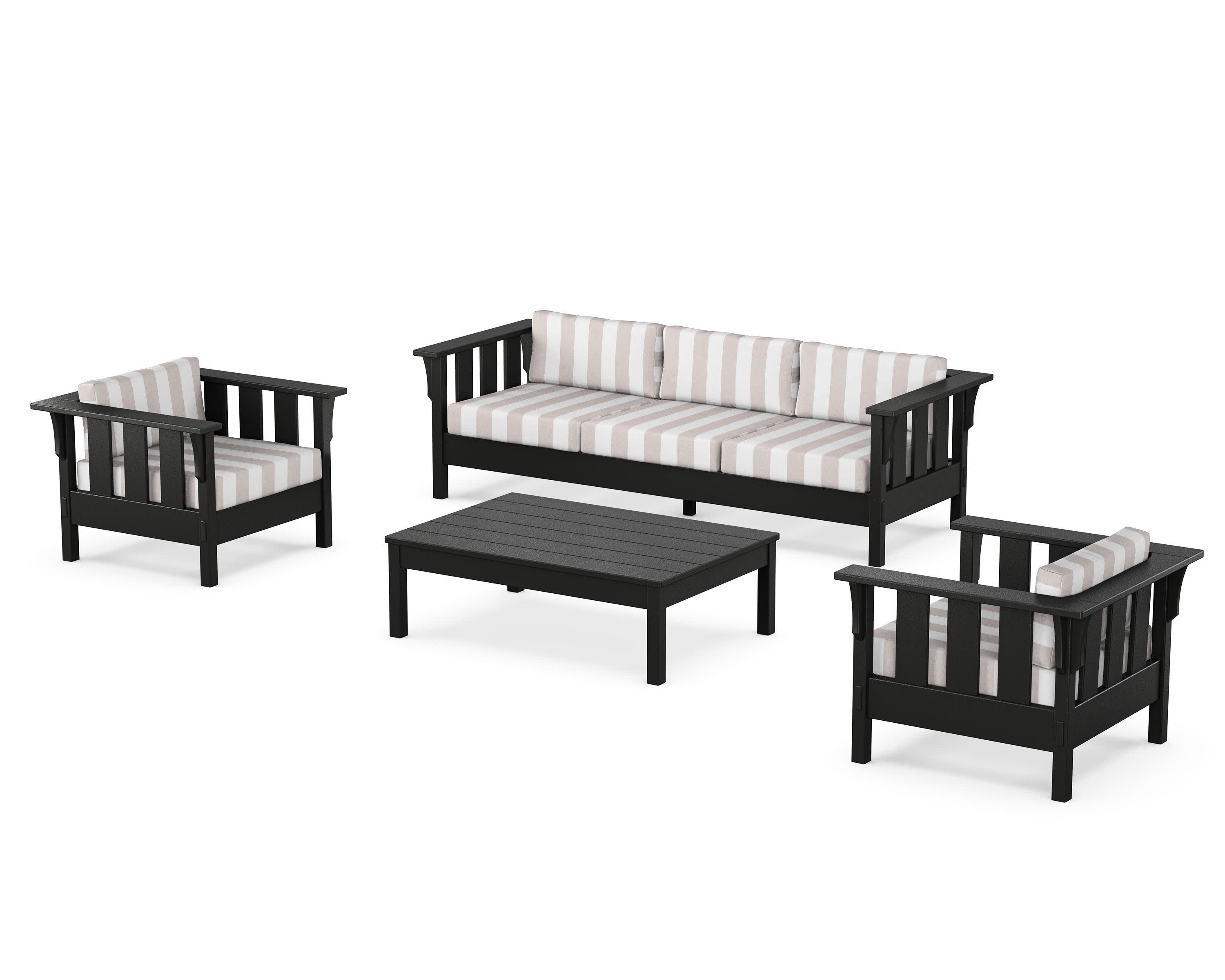 Acadia 4-Piece Deep Seating Set with Sofa in Black / Cabana Stripe Dune Burlap