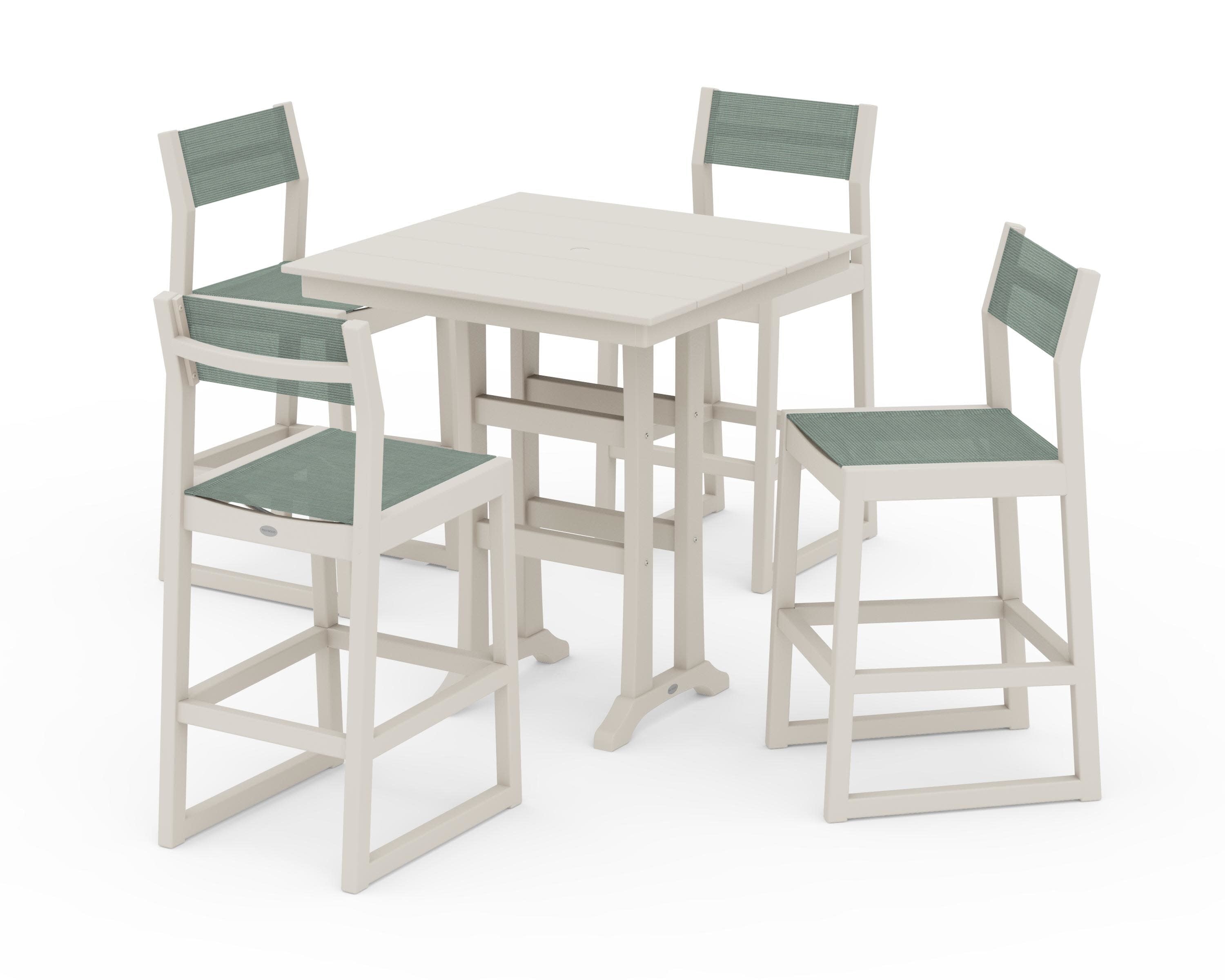 EDGE Sling Arm Chair 5-Piece Farmhouse Bar Set with Trestle Legs in Sand / Dupioni Sea Mist Sling
